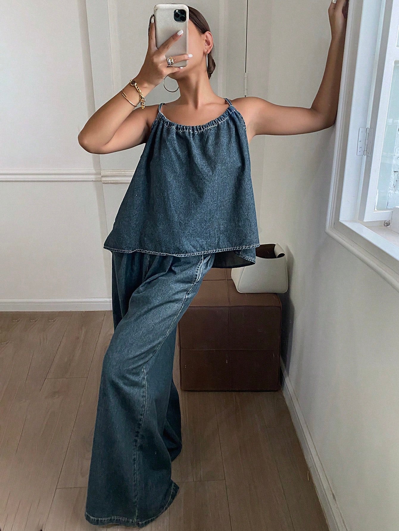 CM-SS044376 Women Casual Seoul Style Dark Washed Tank Top With Wide-Leg Pants - Set
