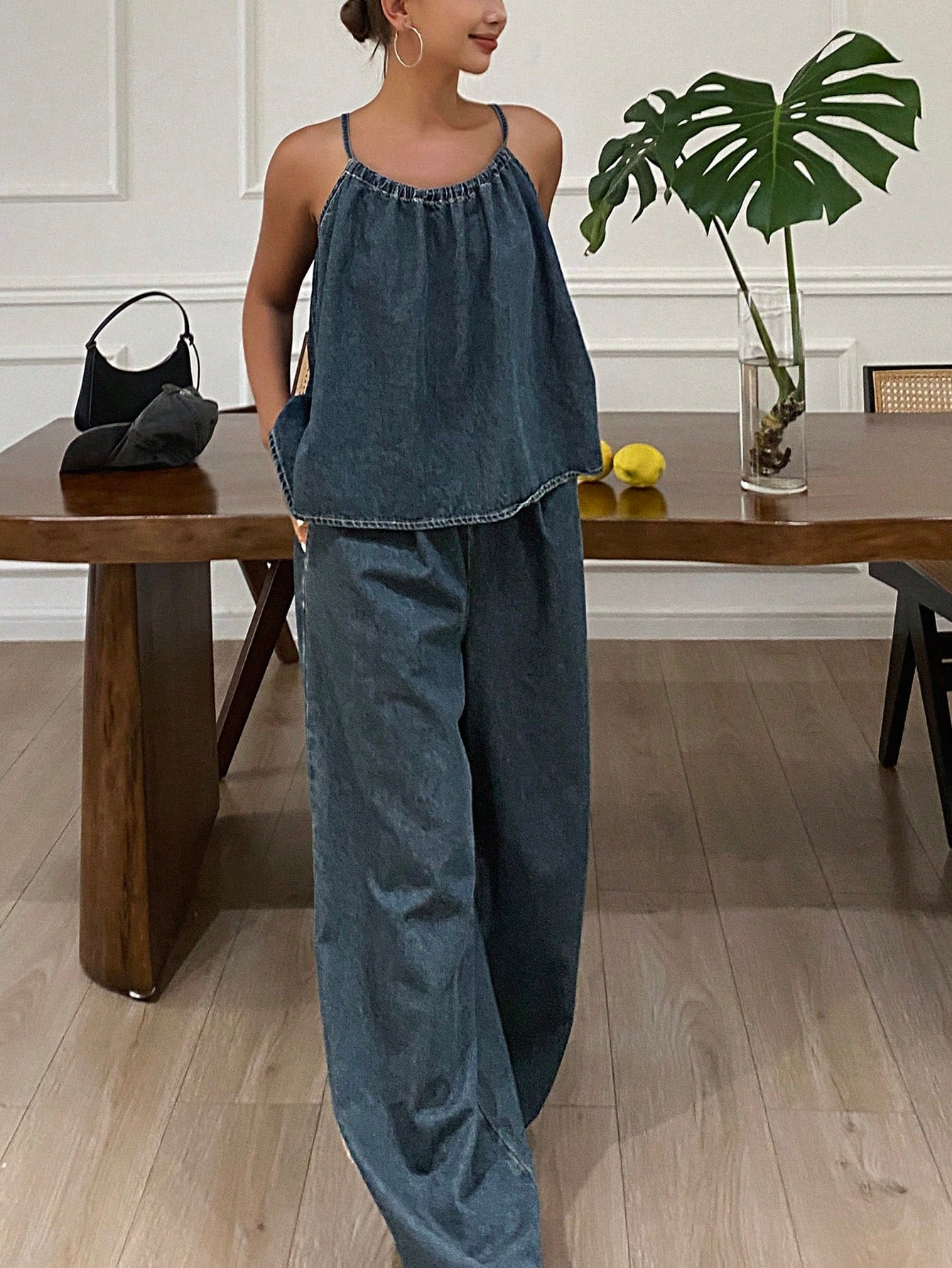 CM-SS044376 Women Casual Seoul Style Dark Washed Tank Top With Wide-Leg Pants - Set