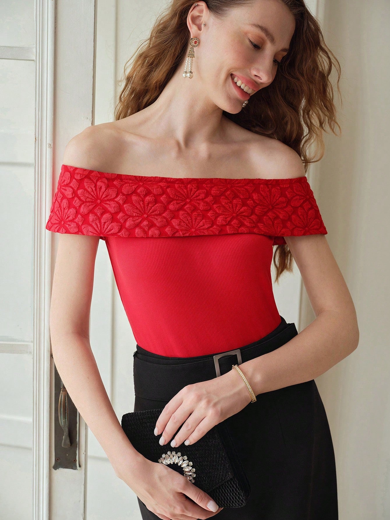 CM-TS090098 Women Elegant Seoul Style Floral Pattern Off the Shoulder Short Sleeve Top - Red
