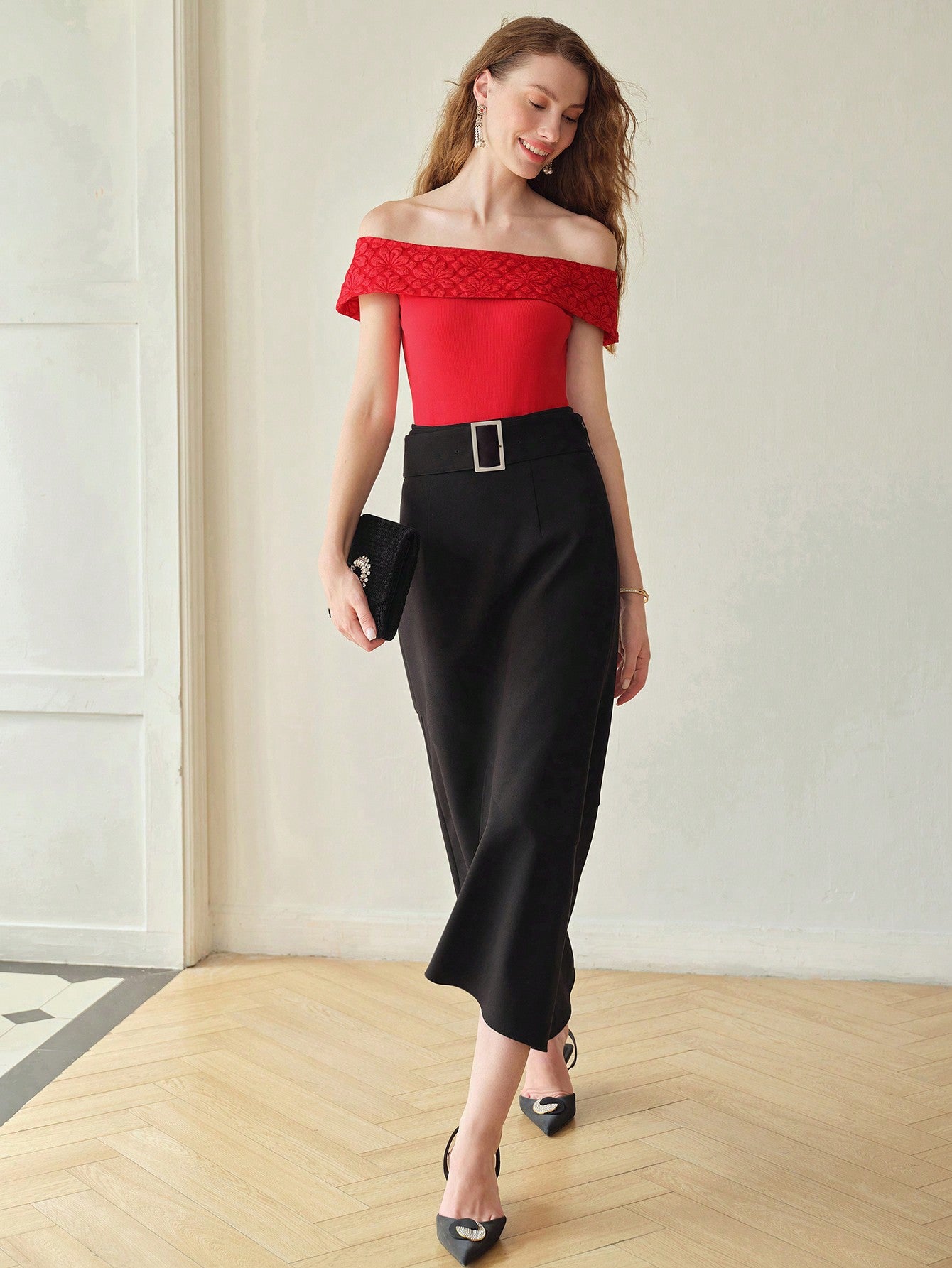CM-TS090098 Women Elegant Seoul Style Floral Pattern Off the Shoulder Short Sleeve Top - Red