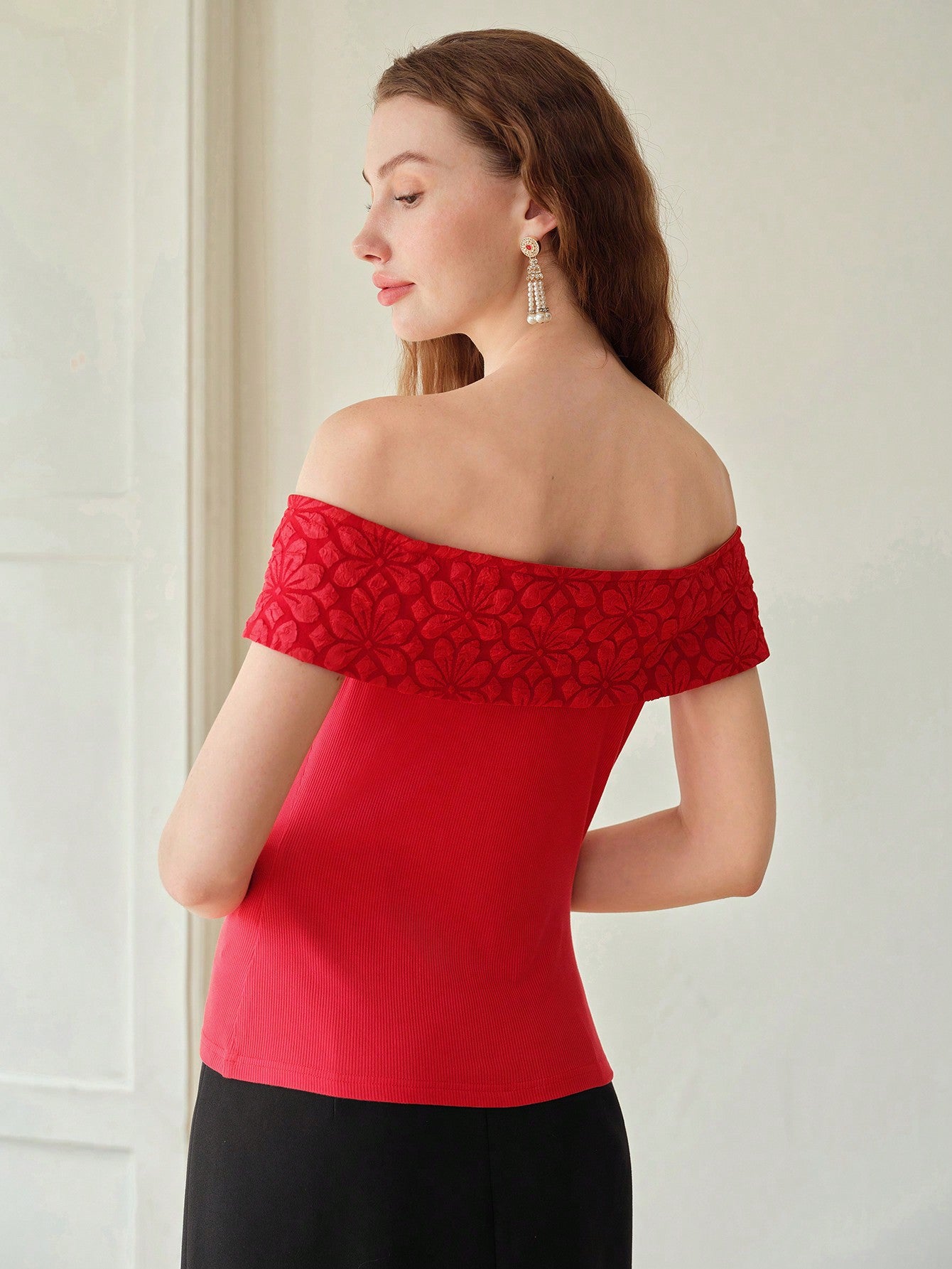 CM-TS090098 Women Elegant Seoul Style Floral Pattern Off the Shoulder Short Sleeve Top - Red