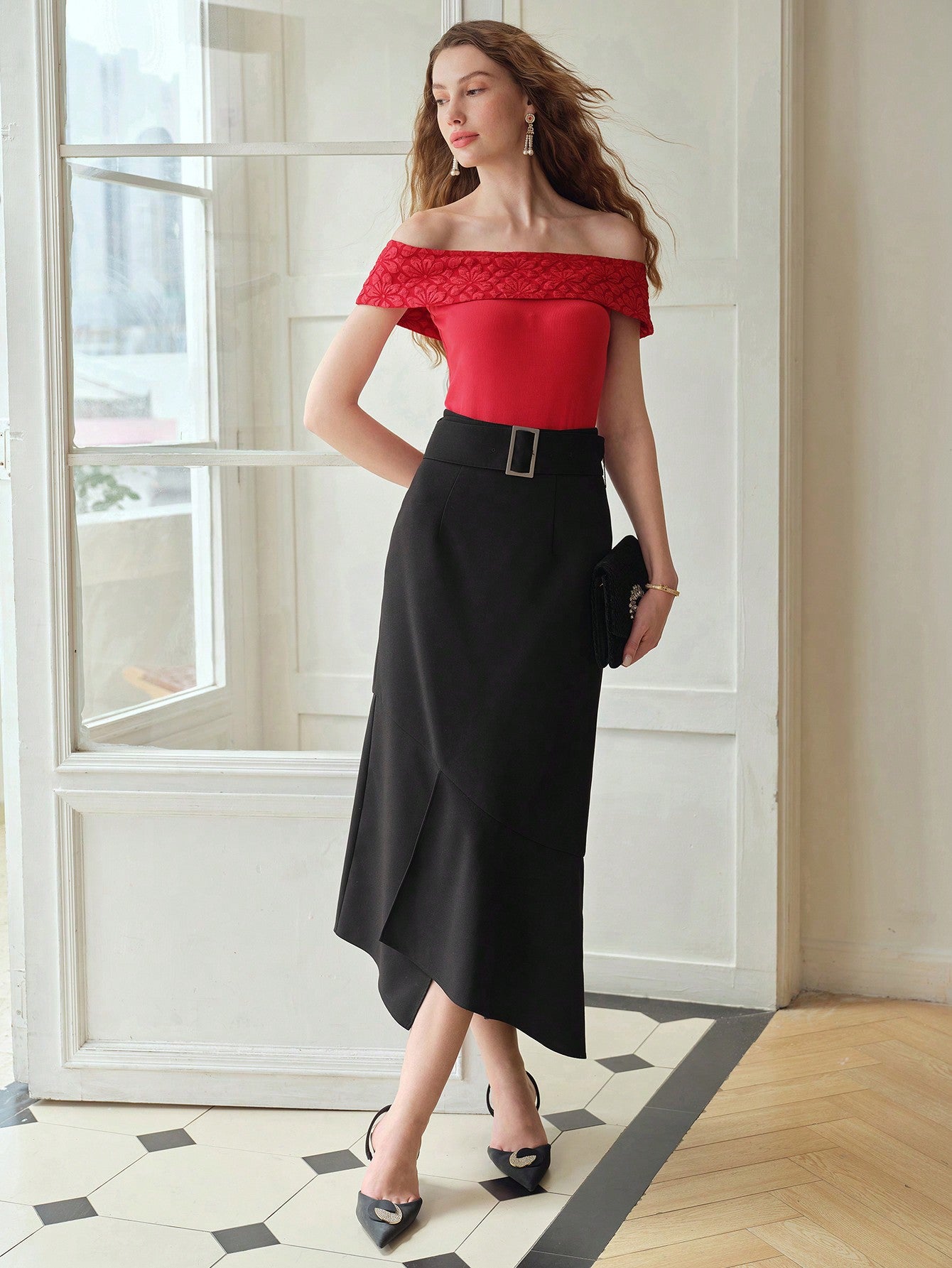 CM-TS090098 Women Elegant Seoul Style Floral Pattern Off the Shoulder Short Sleeve Top - Red