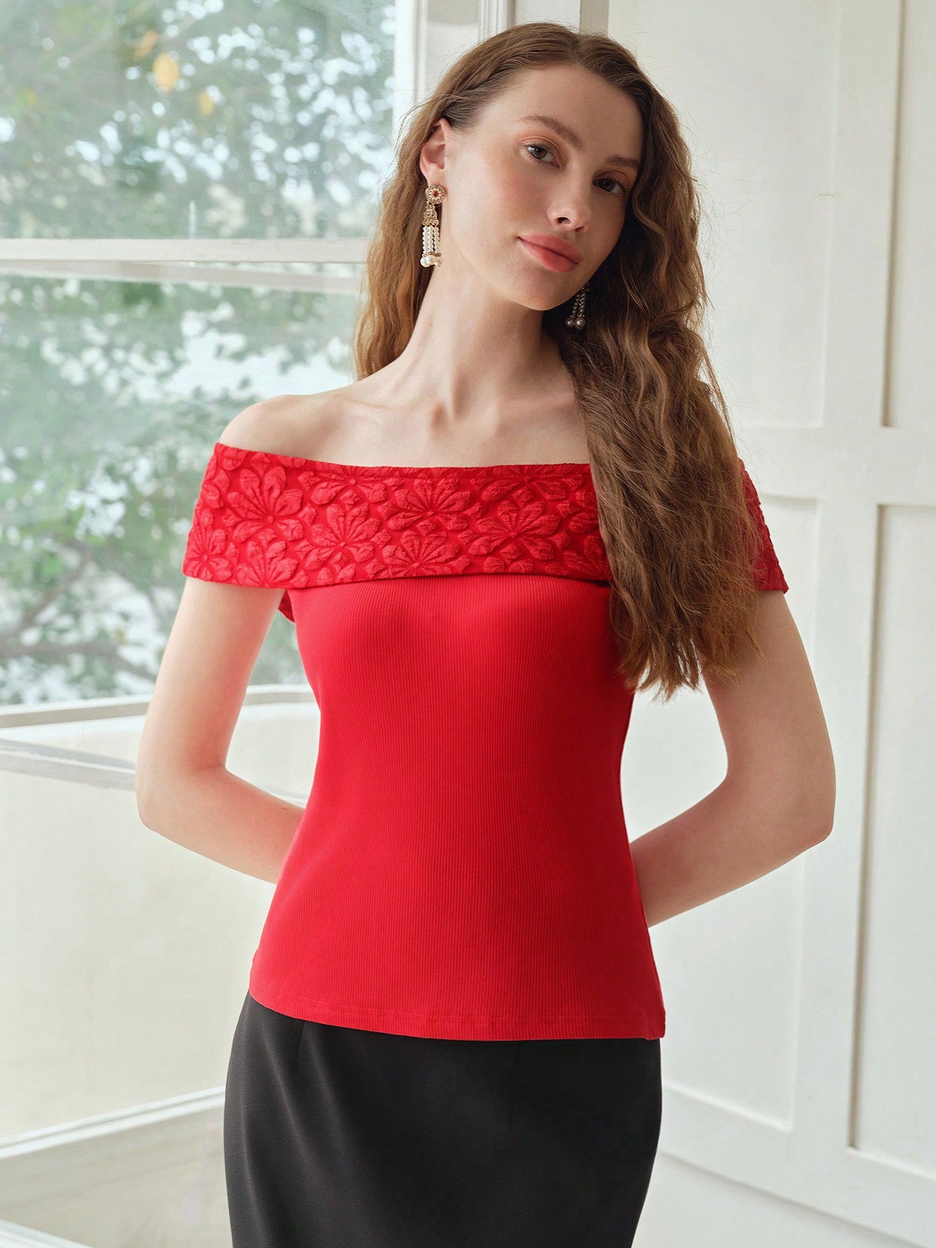 CM-TS090098 Women Elegant Seoul Style Floral Pattern Off the Shoulder Short Sleeve Top - Red