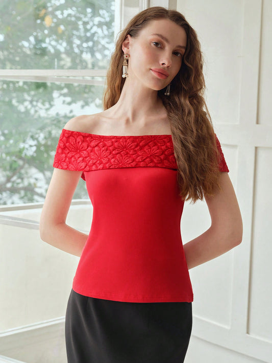 CM-TS090098 Women Elegant Seoul Style Floral Pattern Off the Shoulder Short Sleeve Top - Red