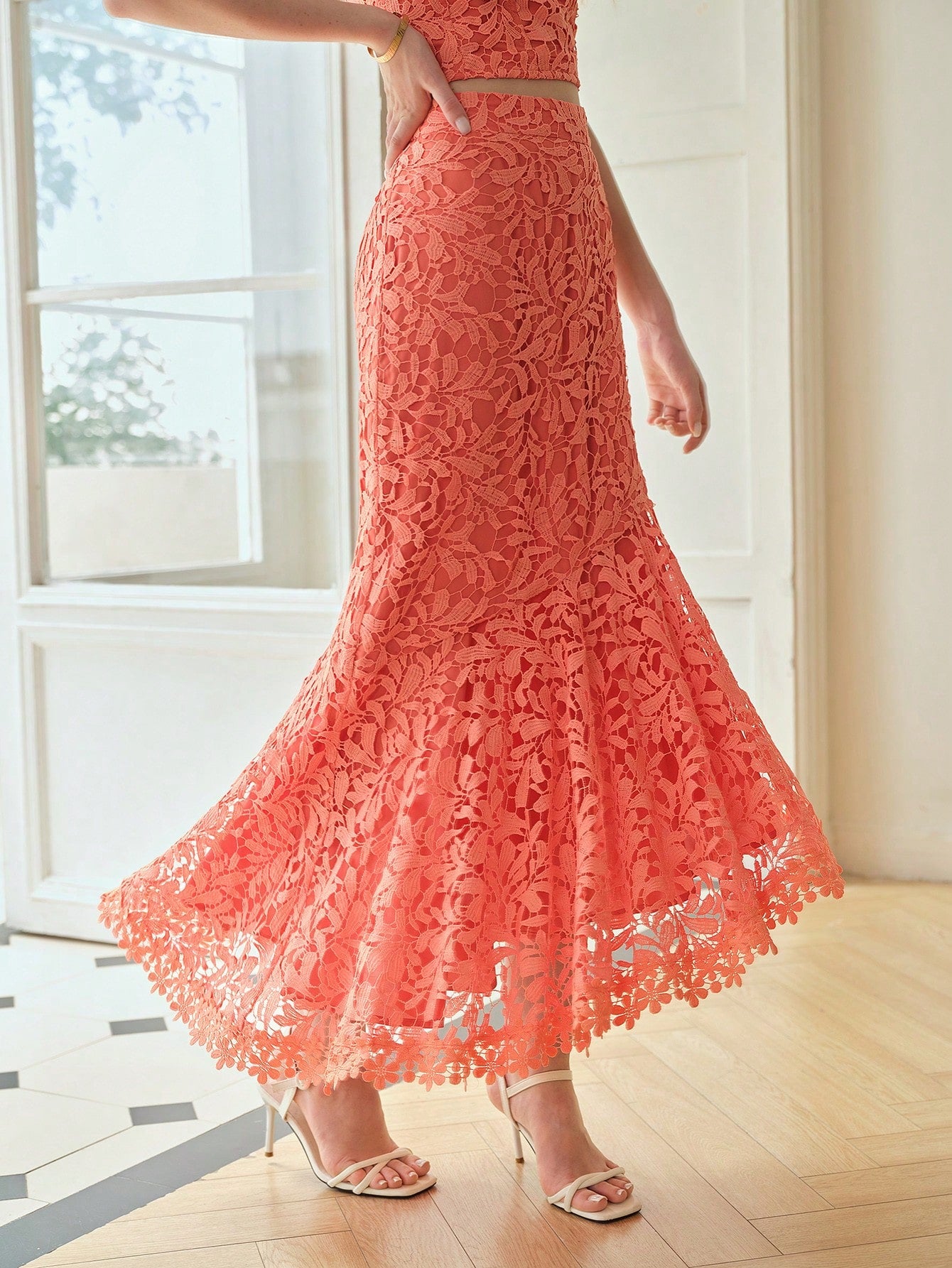 CM-BS011666 Women Elegant Seoul Style Guipure Lace Mermaid Hem Skirt - Watermelon Pink