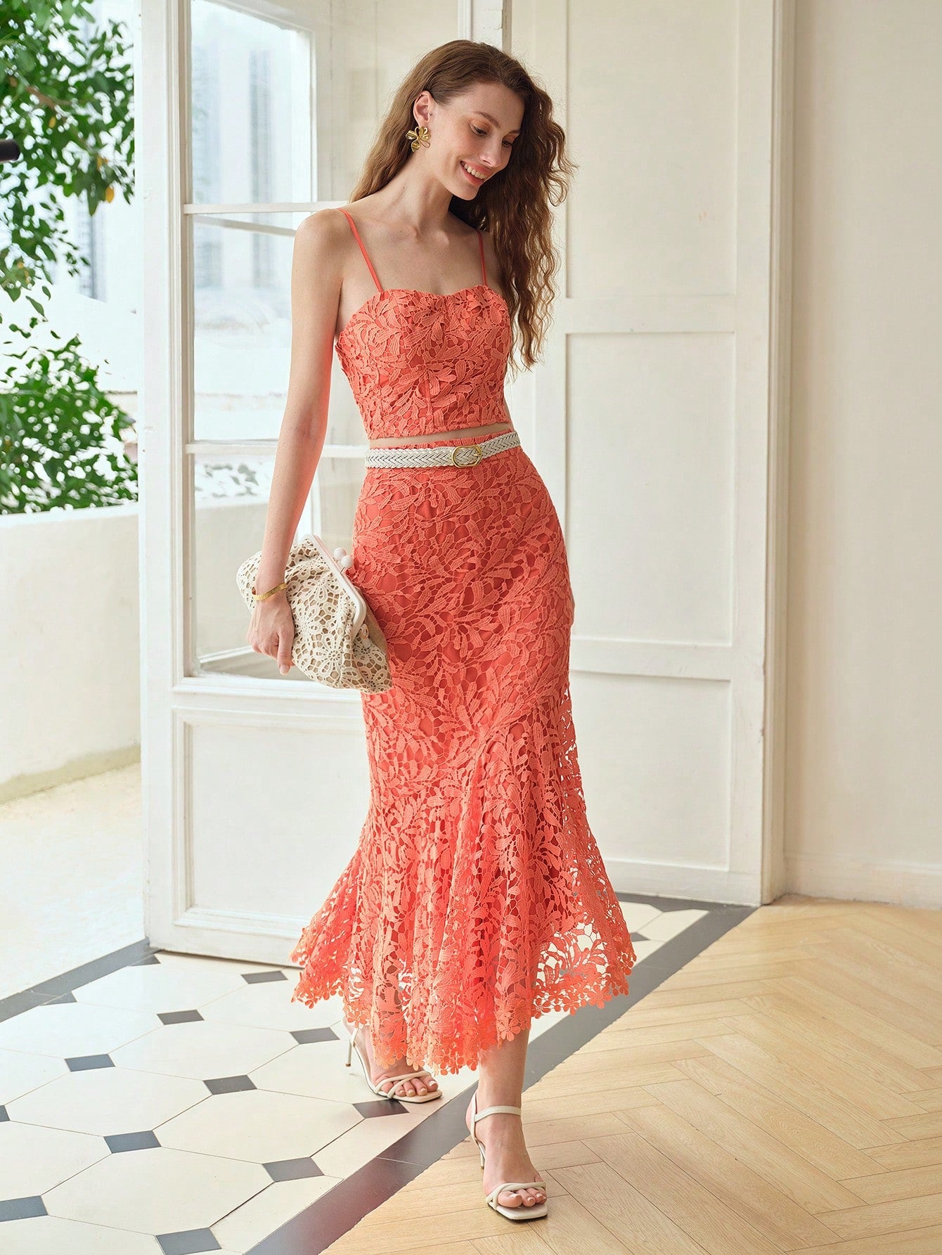 CM-BS011666 Women Elegant Seoul Style Guipure Lace Mermaid Hem Skirt - Watermelon Pink