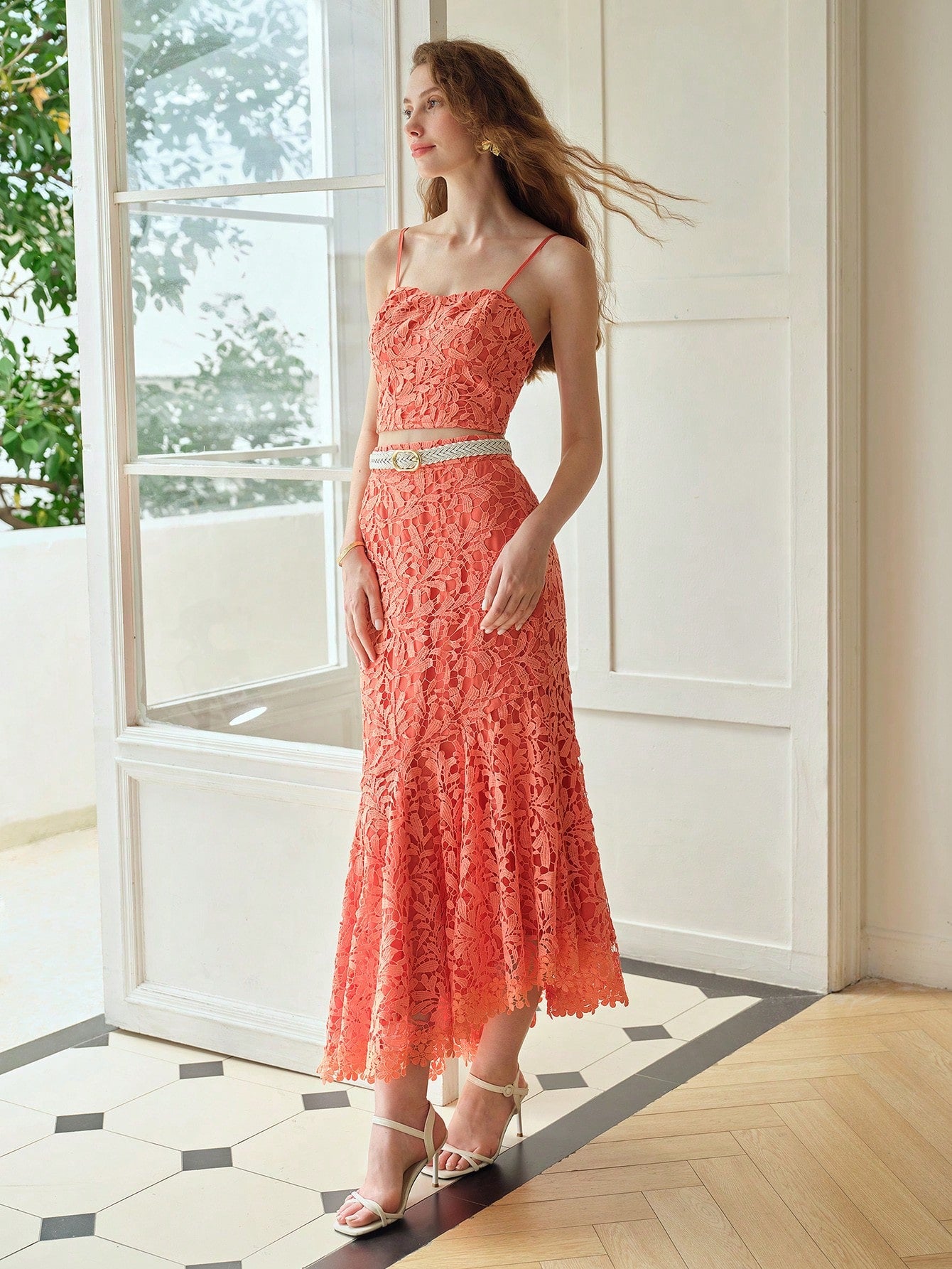 CM-BS011666 Women Elegant Seoul Style Guipure Lace Mermaid Hem Skirt - Watermelon Pink