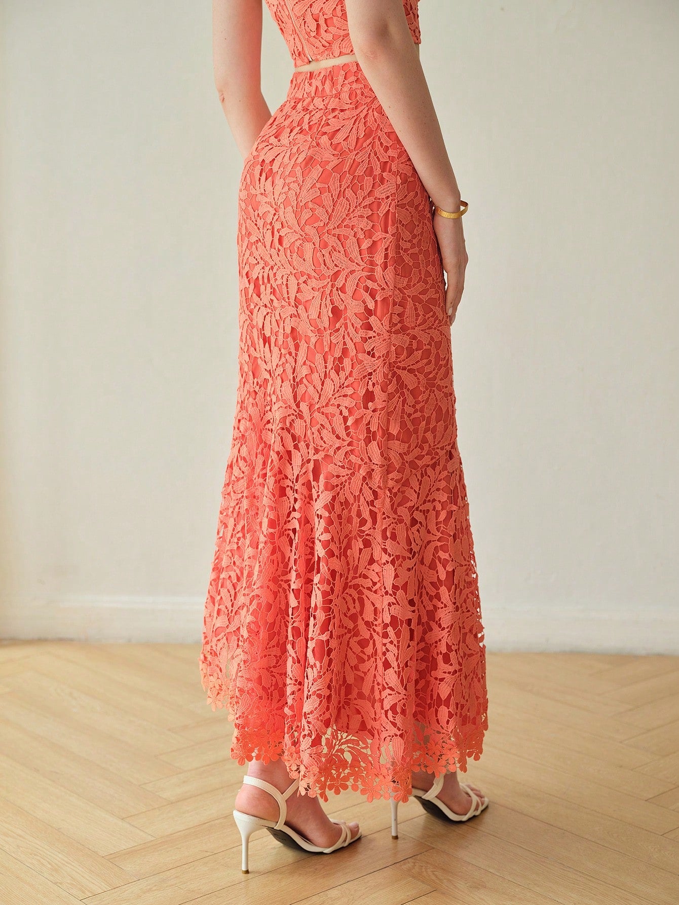 CM-BS011666 Women Elegant Seoul Style Guipure Lace Mermaid Hem Skirt - Watermelon Pink