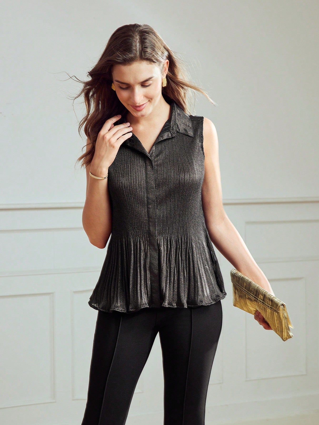 CM-TS164192 Women Elegant Seoul Style Collar Neckline Sleeveless Ruffle Hem Blouse