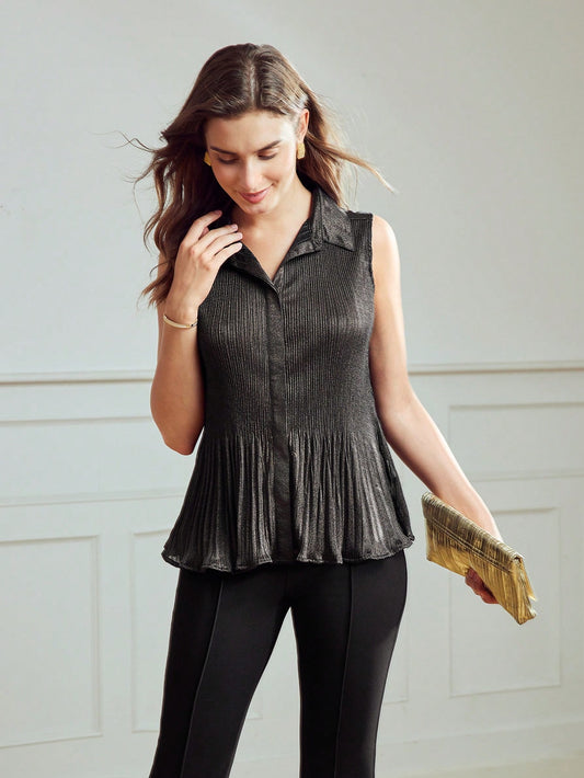 CM-TS164192 Women Elegant Seoul Style Collar Neckline Sleeveless Ruffle Hem Blouse