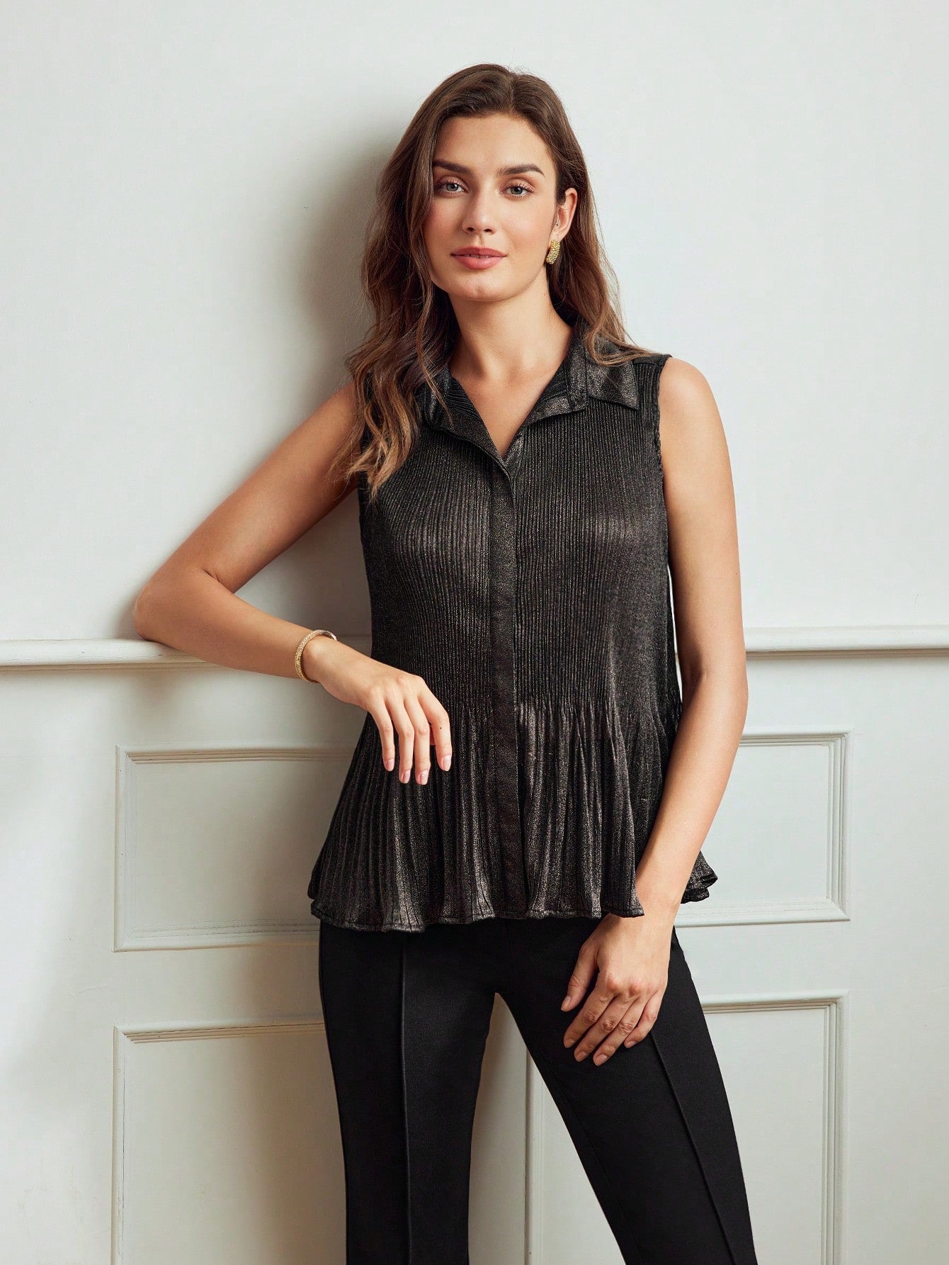 CM-TS164192 Women Elegant Seoul Style Collar Neckline Sleeveless Ruffle Hem Blouse