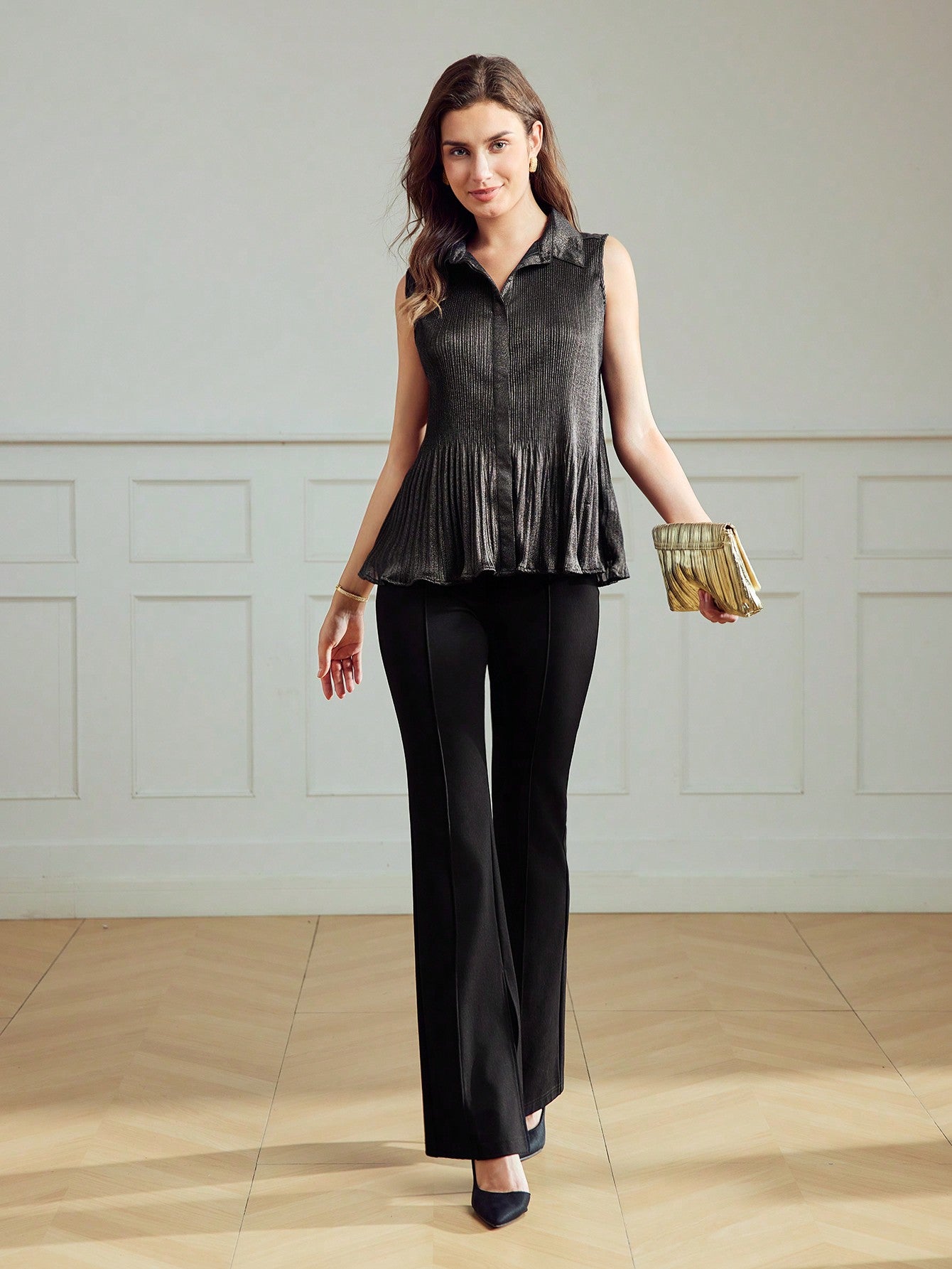 CM-TS164192 Women Elegant Seoul Style Collar Neckline Sleeveless Ruffle Hem Blouse