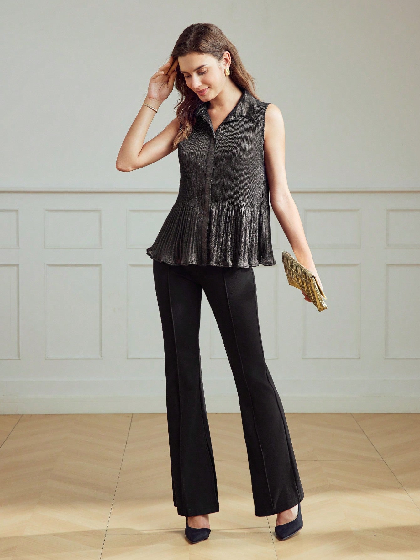 CM-TS164192 Women Elegant Seoul Style Collar Neckline Sleeveless Ruffle Hem Blouse