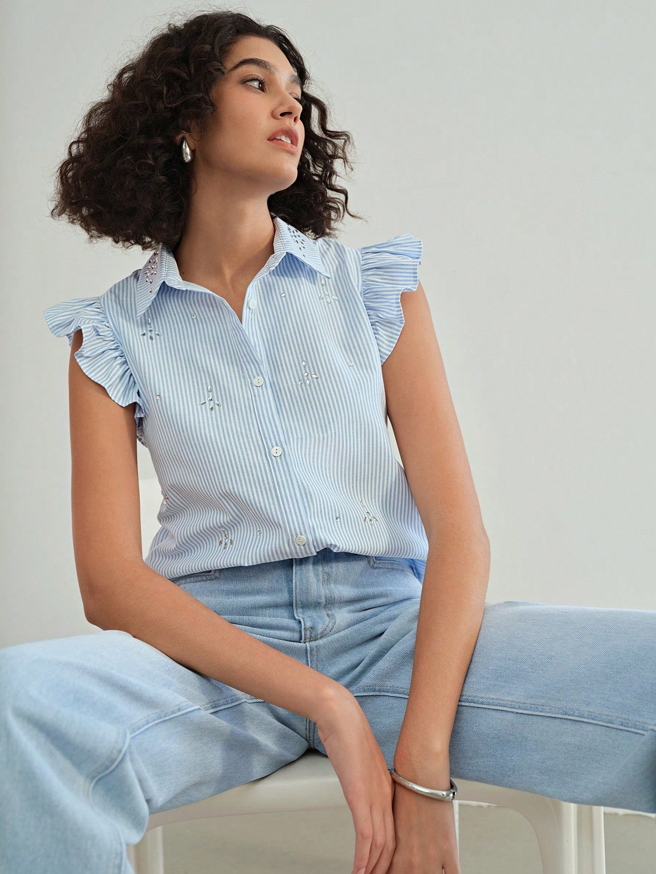 CM-TS371303 Women Casual Seoul Style Striped Ruffle Trim Rhinestone Detail Blouse - Blue