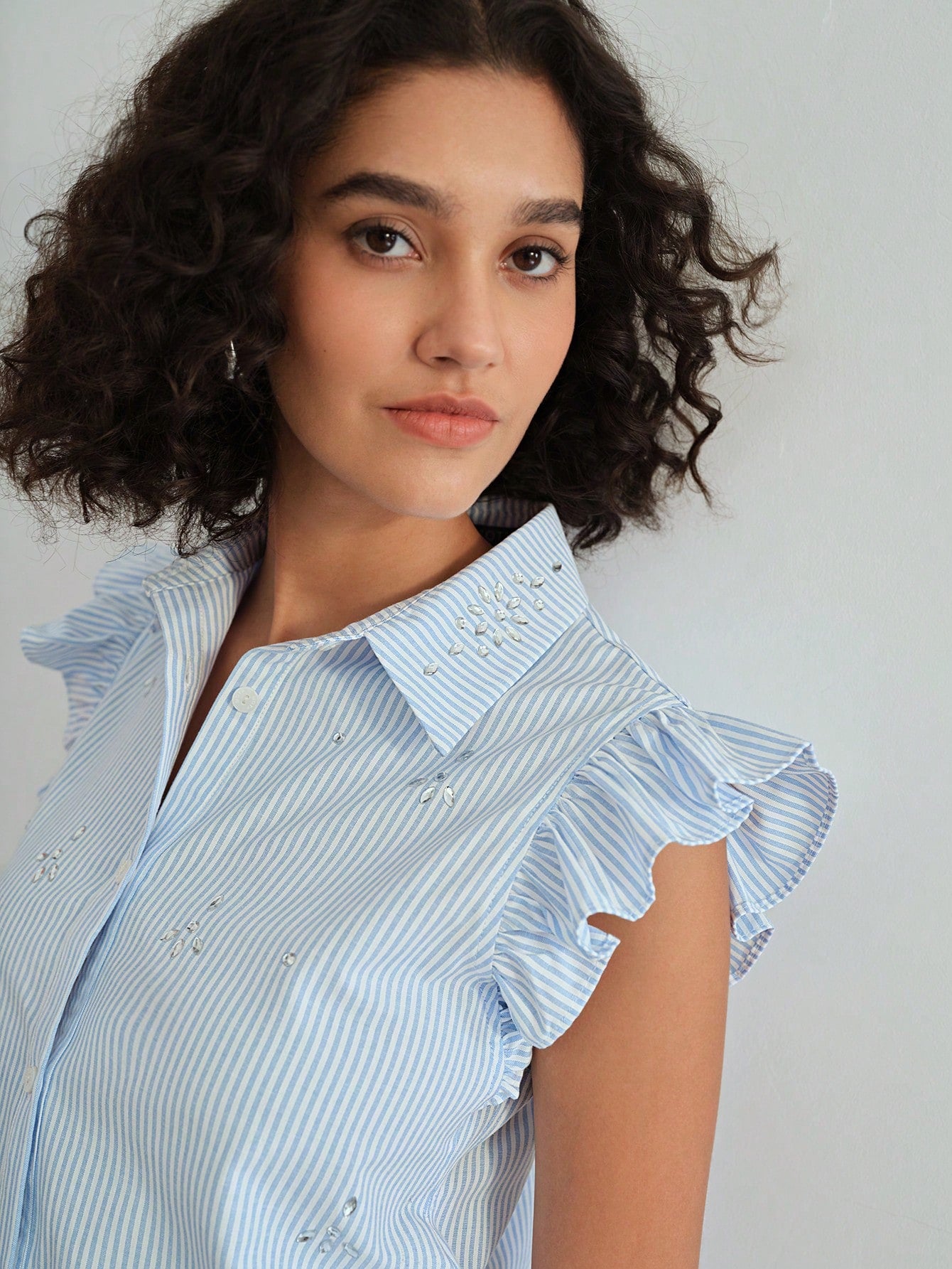 CM-TS371303 Women Casual Seoul Style Striped Ruffle Trim Rhinestone Detail Blouse - Blue