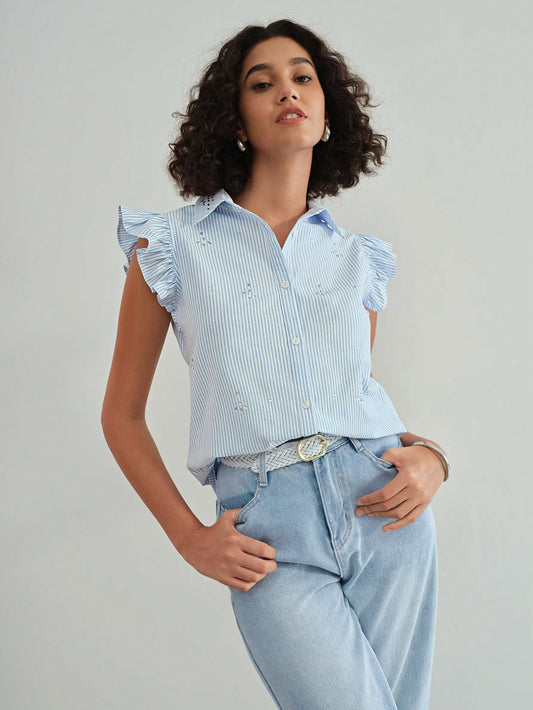 CM-TS371303 Women Casual Seoul Style Striped Ruffle Trim Rhinestone Detail Blouse - Blue