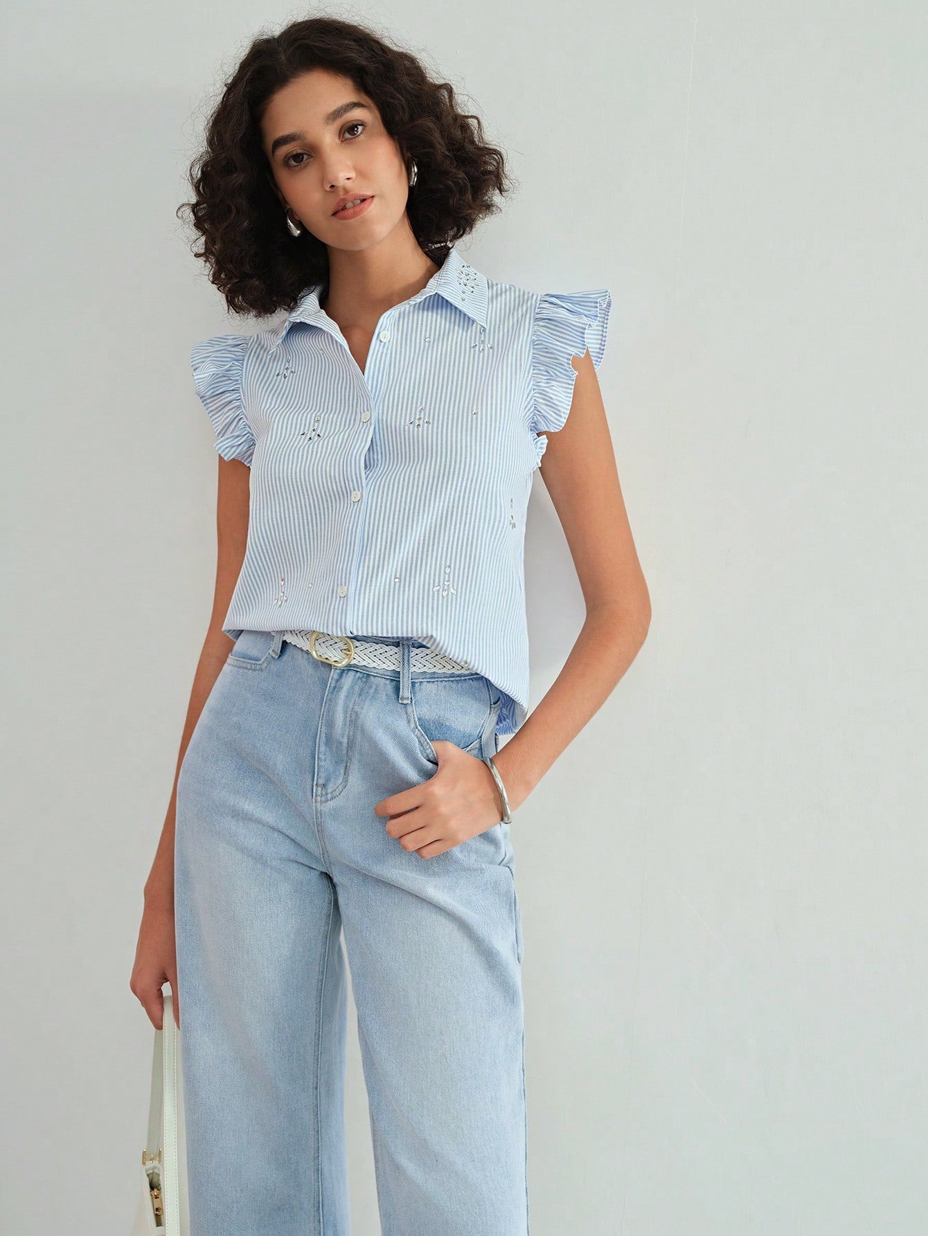 CM-TS371303 Women Casual Seoul Style Striped Ruffle Trim Rhinestone Detail Blouse - Blue