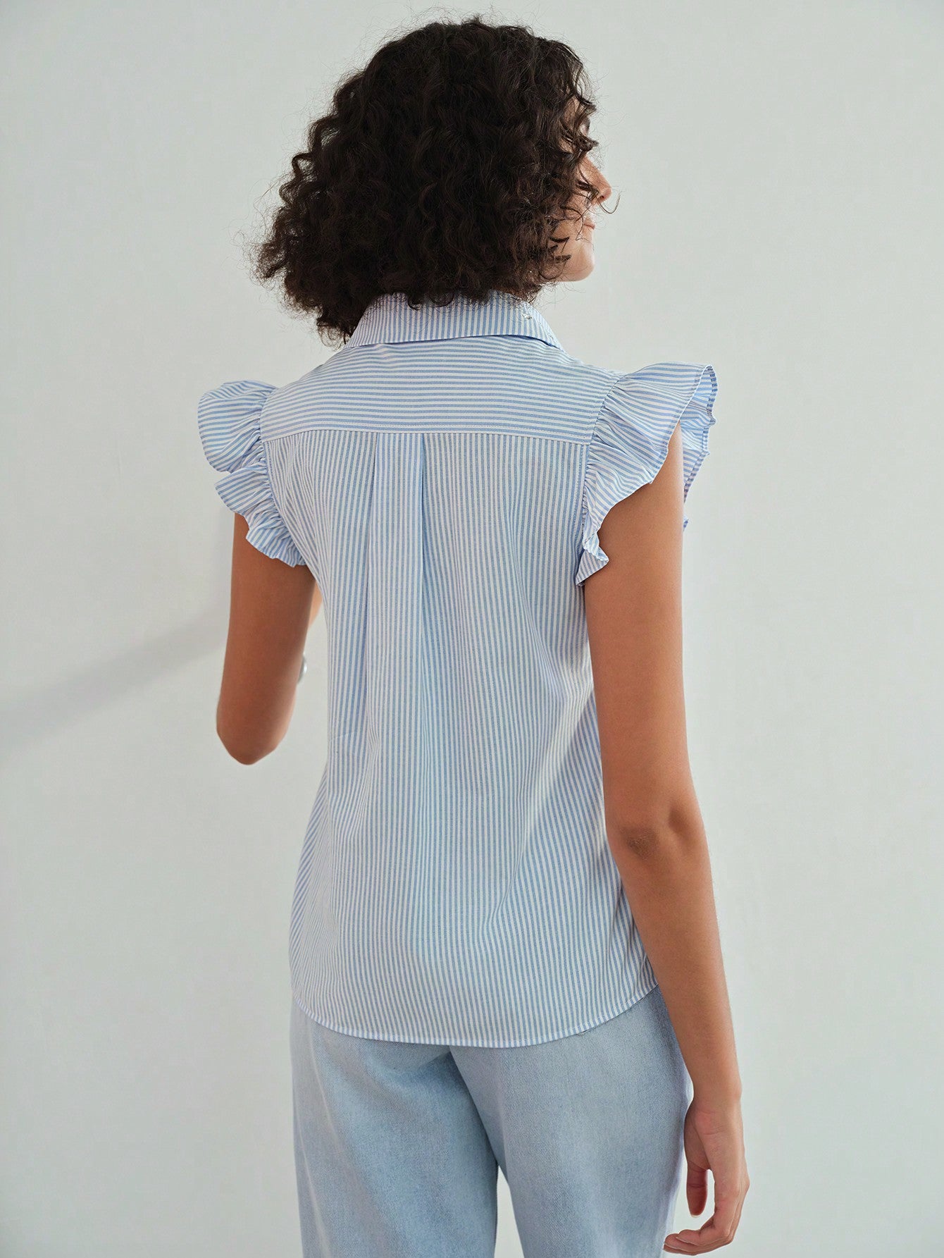 CM-TS371303 Women Casual Seoul Style Striped Ruffle Trim Rhinestone Detail Blouse - Blue