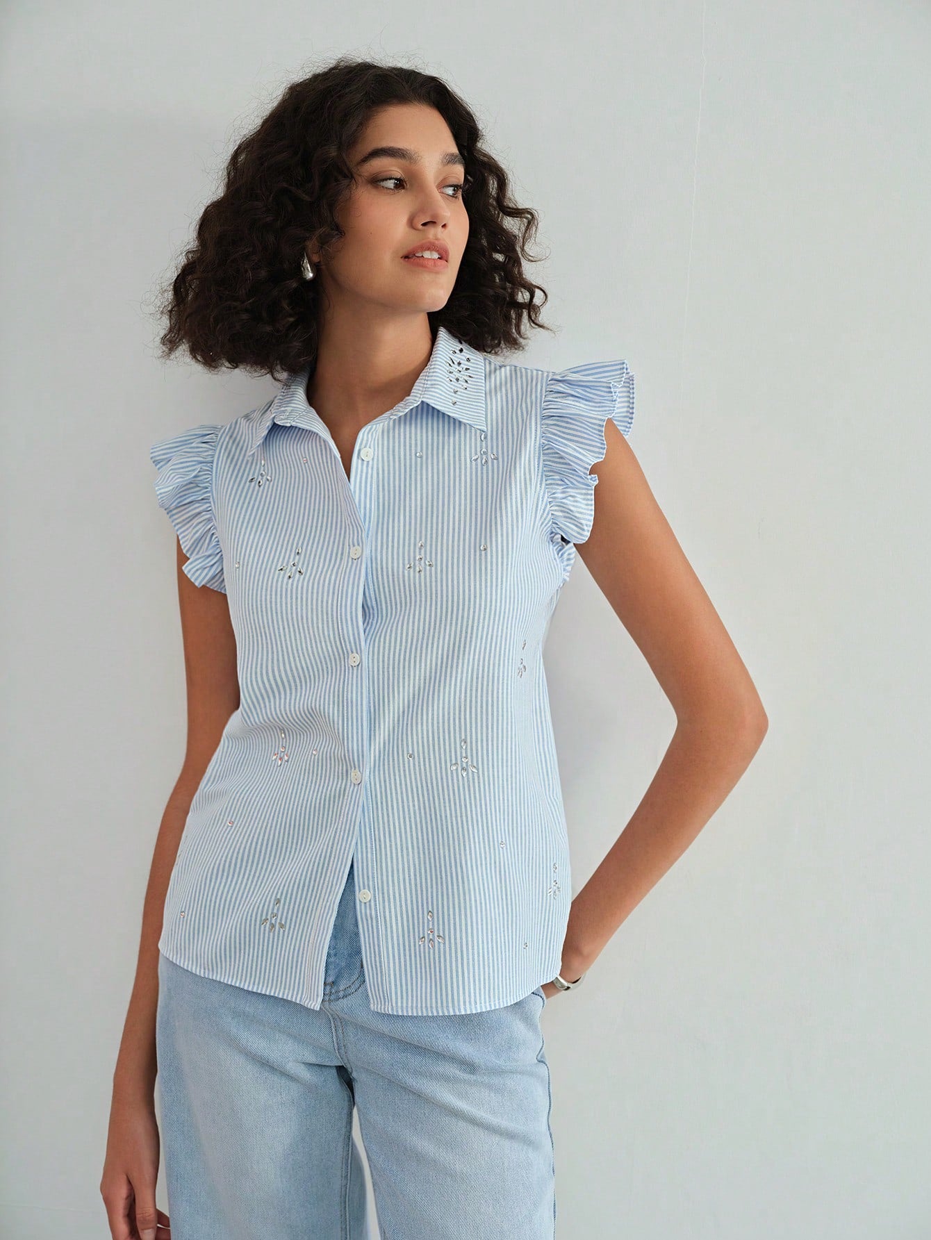 CM-TS371303 Women Casual Seoul Style Striped Ruffle Trim Rhinestone Detail Blouse - Blue