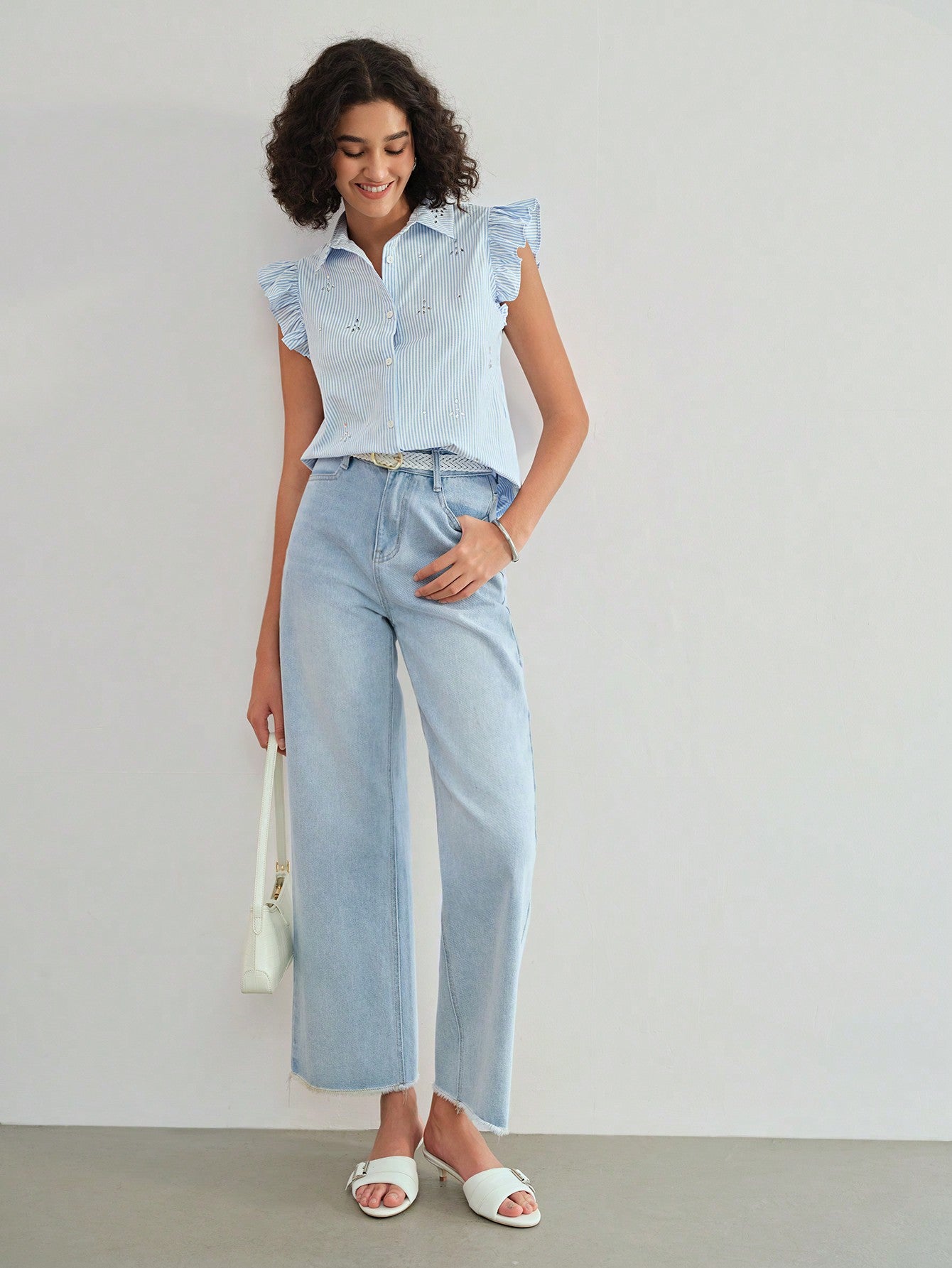 CM-TS371303 Women Casual Seoul Style Striped Ruffle Trim Rhinestone Detail Blouse - Blue