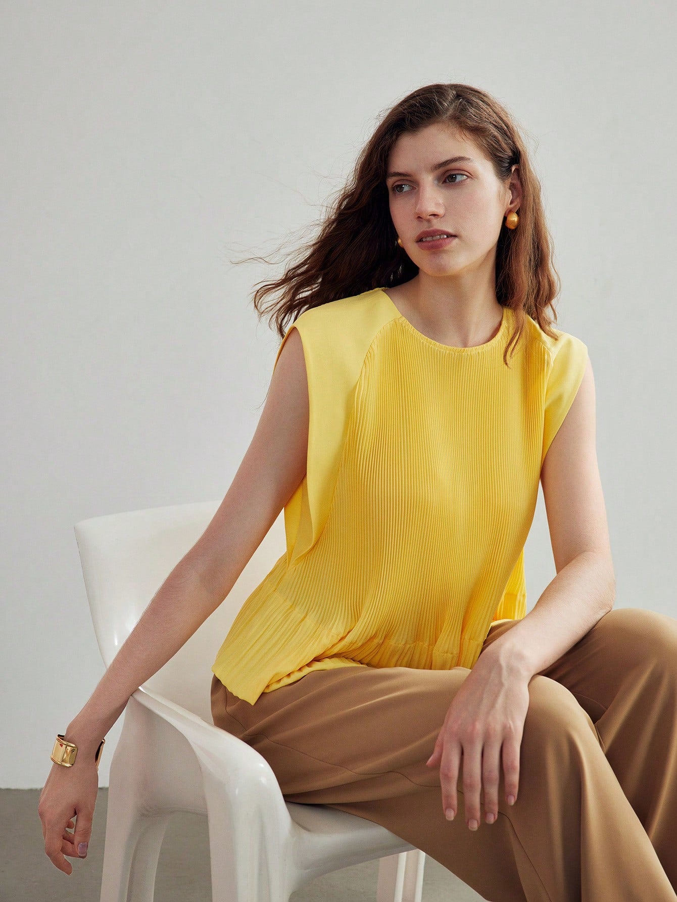 CM-TS997898 Women Casual Seoul Style Round Neck Pleated Cap Sleeve Blouse - Yellow