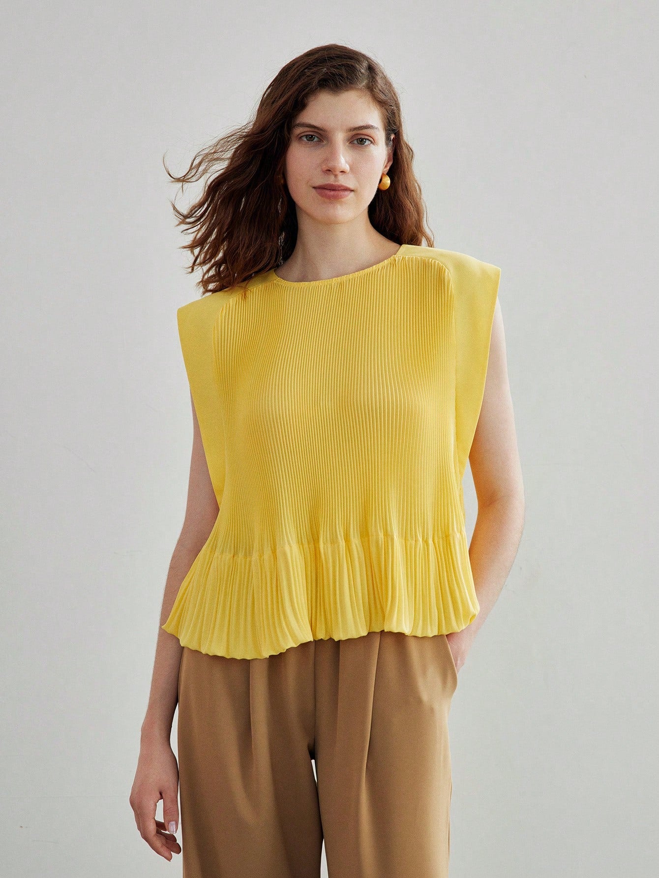 CM-TS997898 Women Casual Seoul Style Round Neck Pleated Cap Sleeve Blouse - Yellow