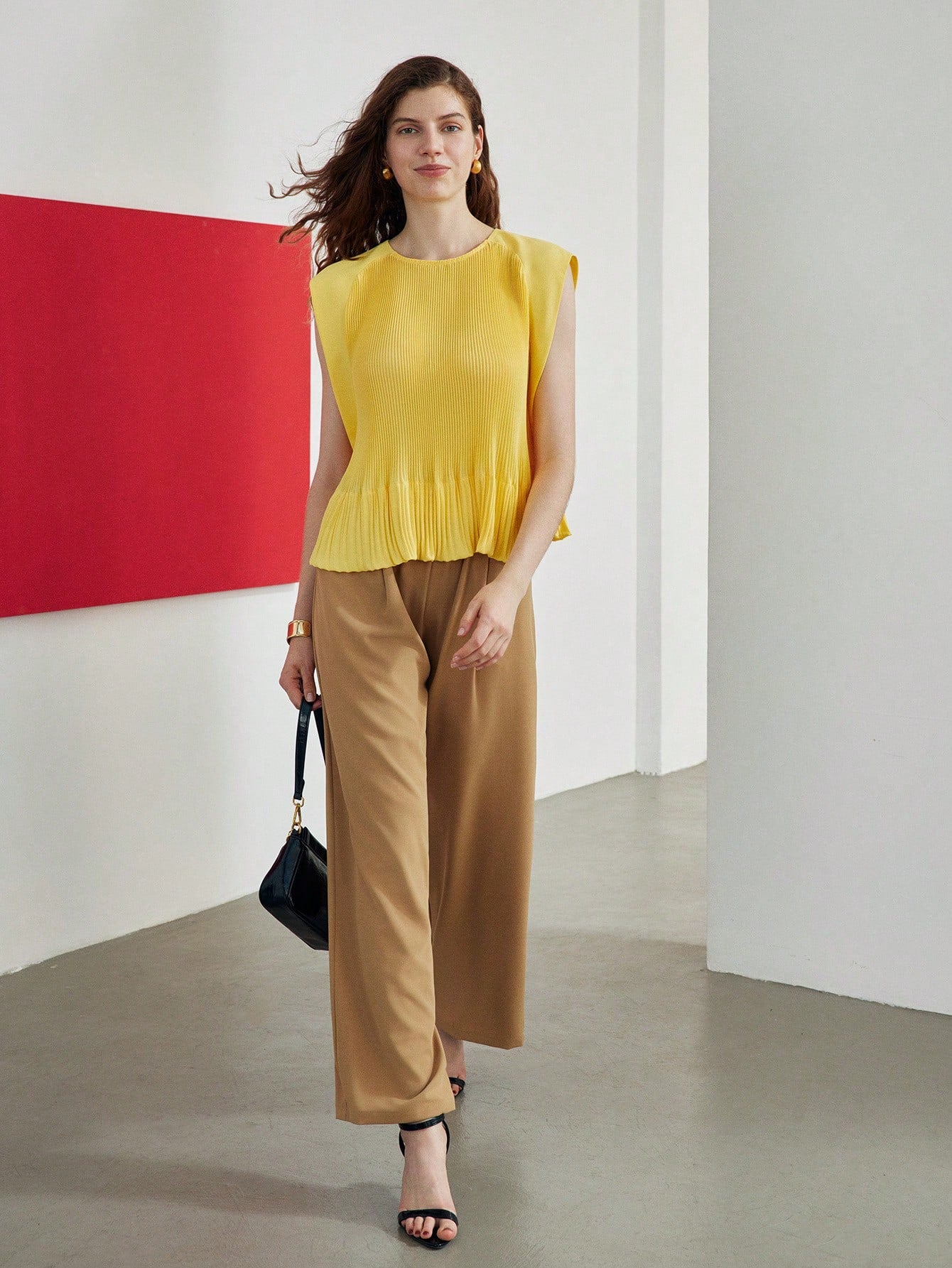 CM-TS997898 Women Casual Seoul Style Round Neck Pleated Cap Sleeve Blouse - Yellow