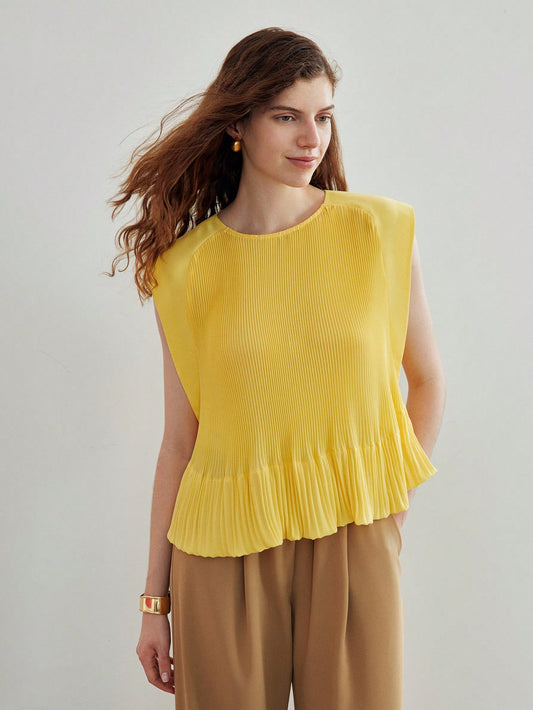 CM-TS997898 Women Casual Seoul Style Round Neck Pleated Cap Sleeve Blouse - Yellow