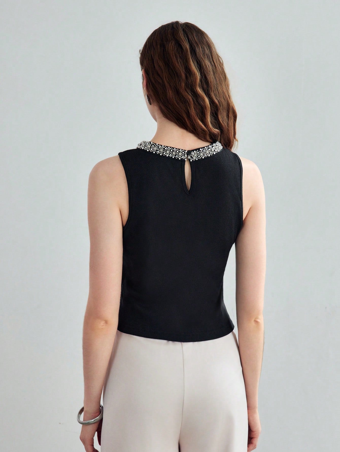 CM-TS328576 Women Elegant Seoul Style Contrast Beaded Keyhole Neckline Tank Top - Black