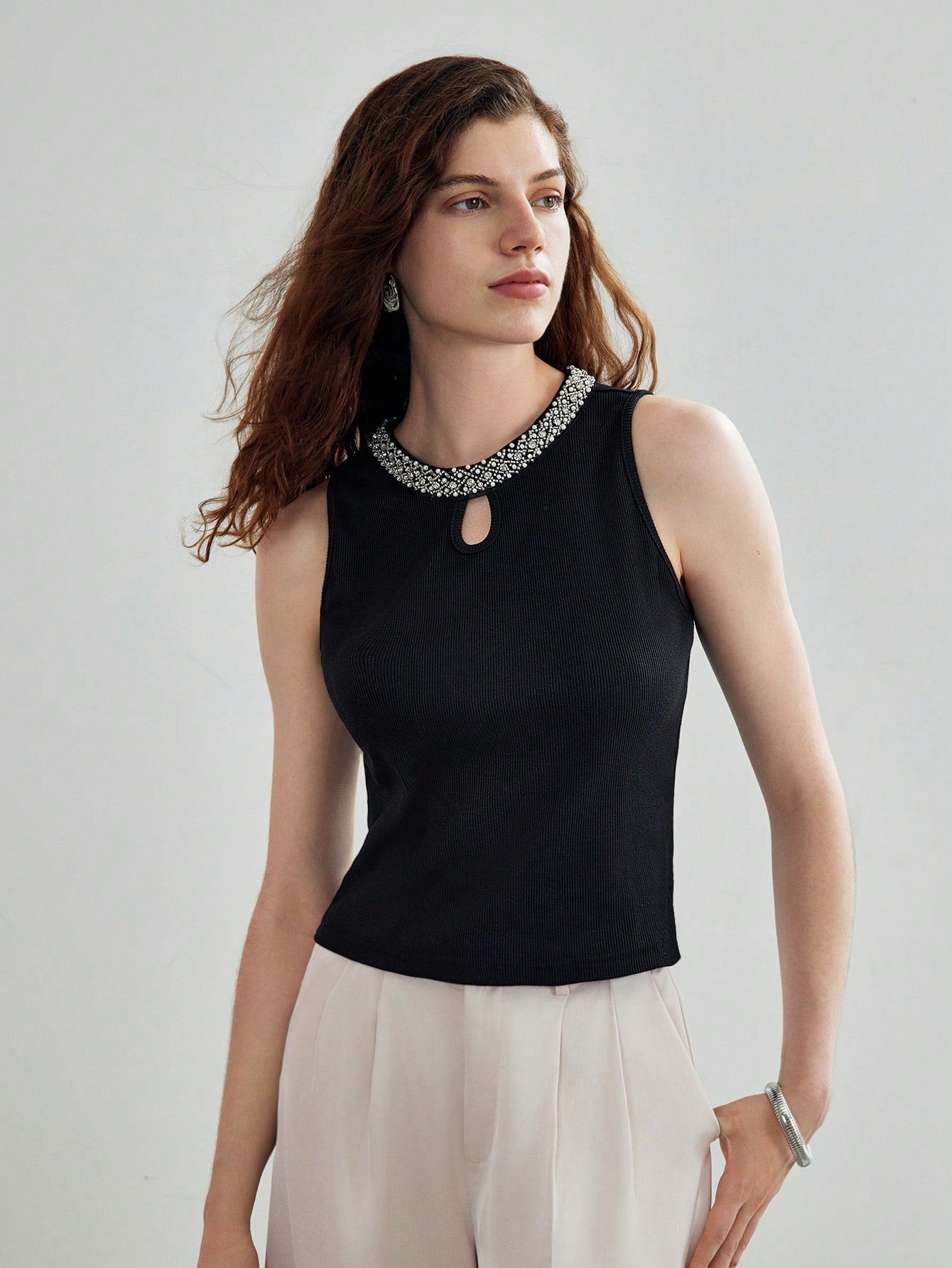 CM-TS328576 Women Elegant Seoul Style Contrast Beaded Keyhole Neckline Tank Top - Black