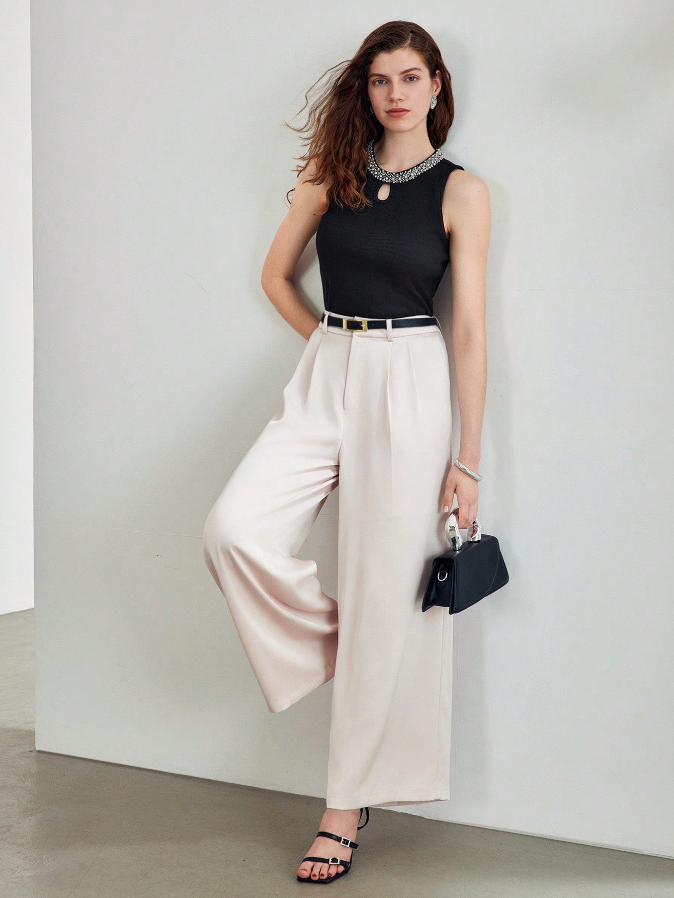 CM-TS328576 Women Elegant Seoul Style Contrast Beaded Keyhole Neckline Tank Top - Black