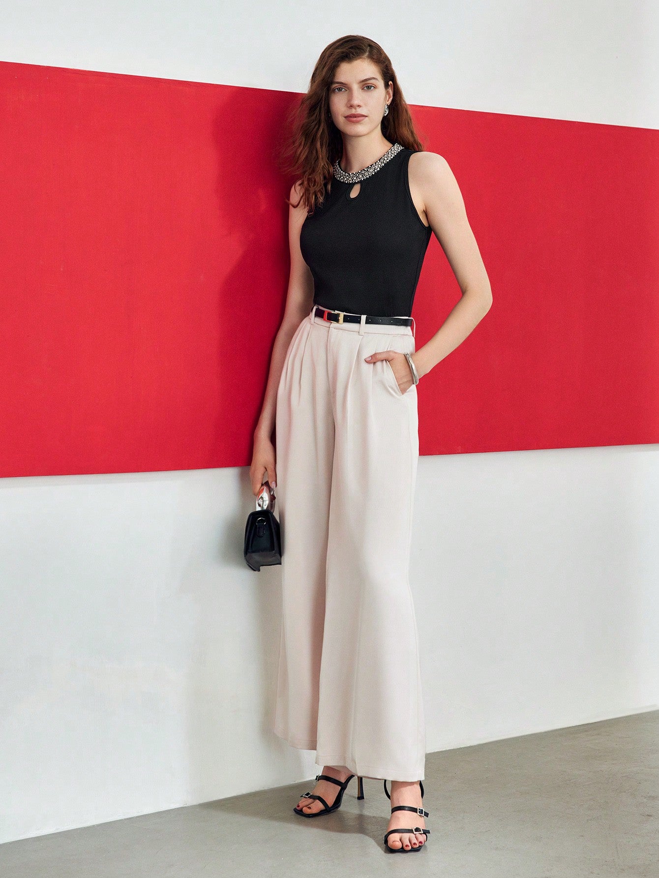 CM-TS328576 Women Elegant Seoul Style Contrast Beaded Keyhole Neckline Tank Top - Black