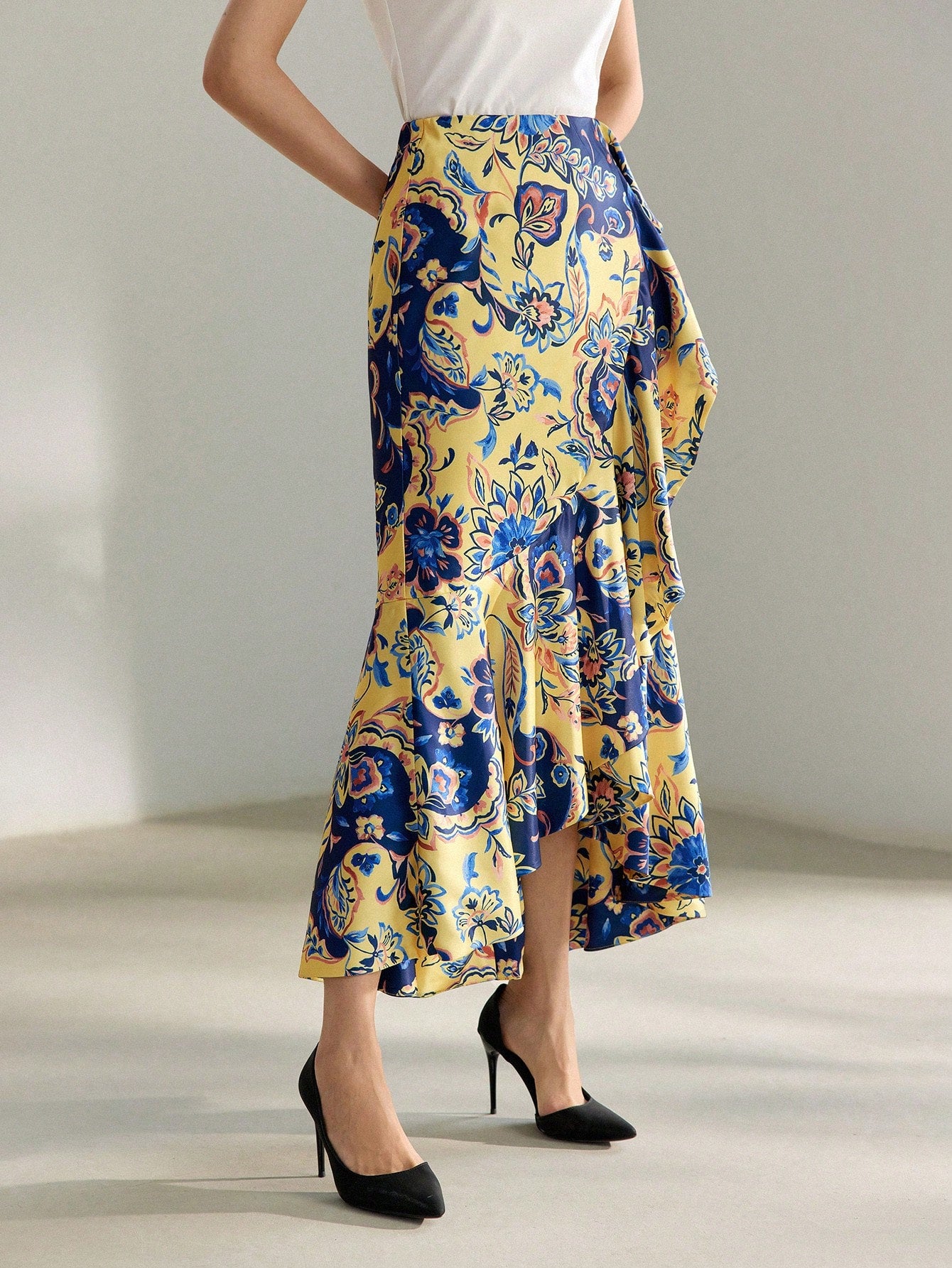 CM-BS177959 Women Elegant Seoul Style All-Over Floral Print Ruffle Trim Skirt - Yellow