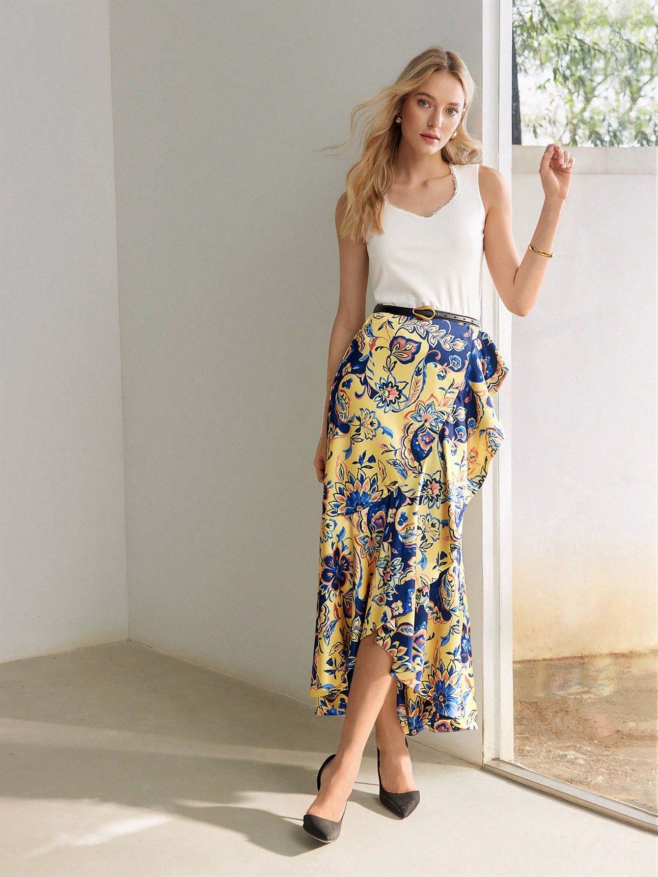 CM-BS177959 Women Elegant Seoul Style All-Over Floral Print Ruffle Trim Skirt - Yellow