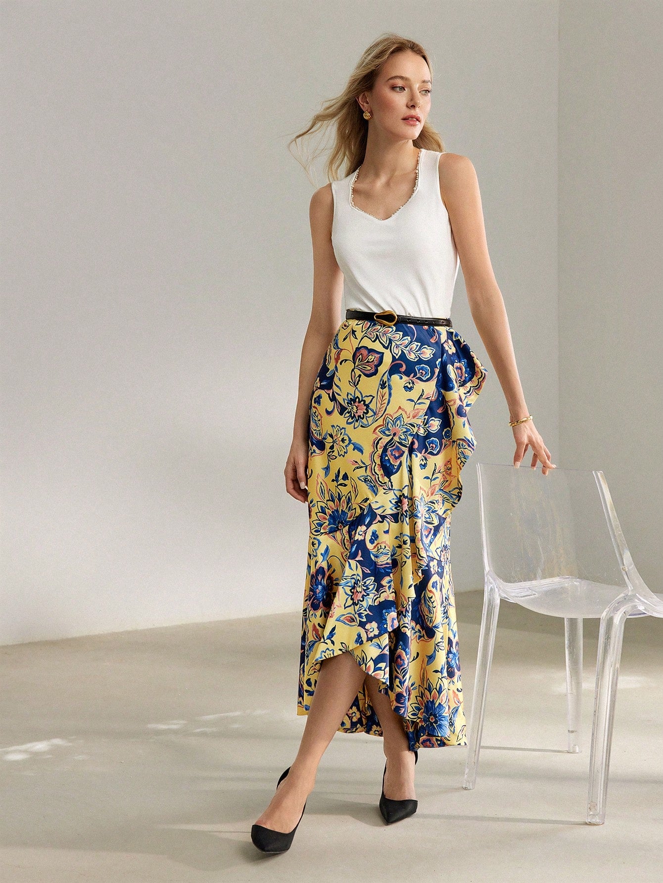 CM-BS177959 Women Elegant Seoul Style All-Over Floral Print Ruffle Trim Skirt - Yellow