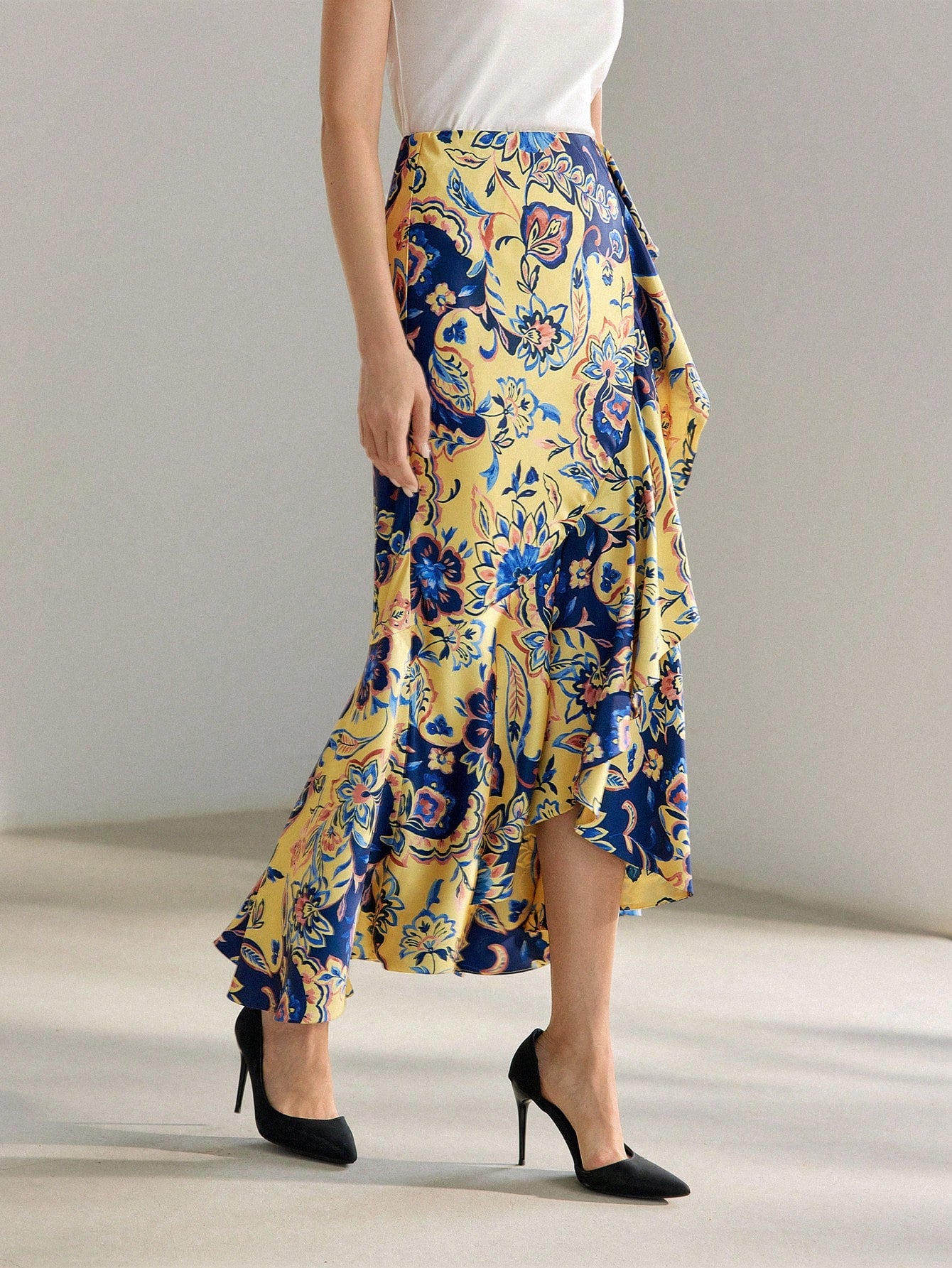 CM-BS177959 Women Elegant Seoul Style All-Over Floral Print Ruffle Trim Skirt - Yellow