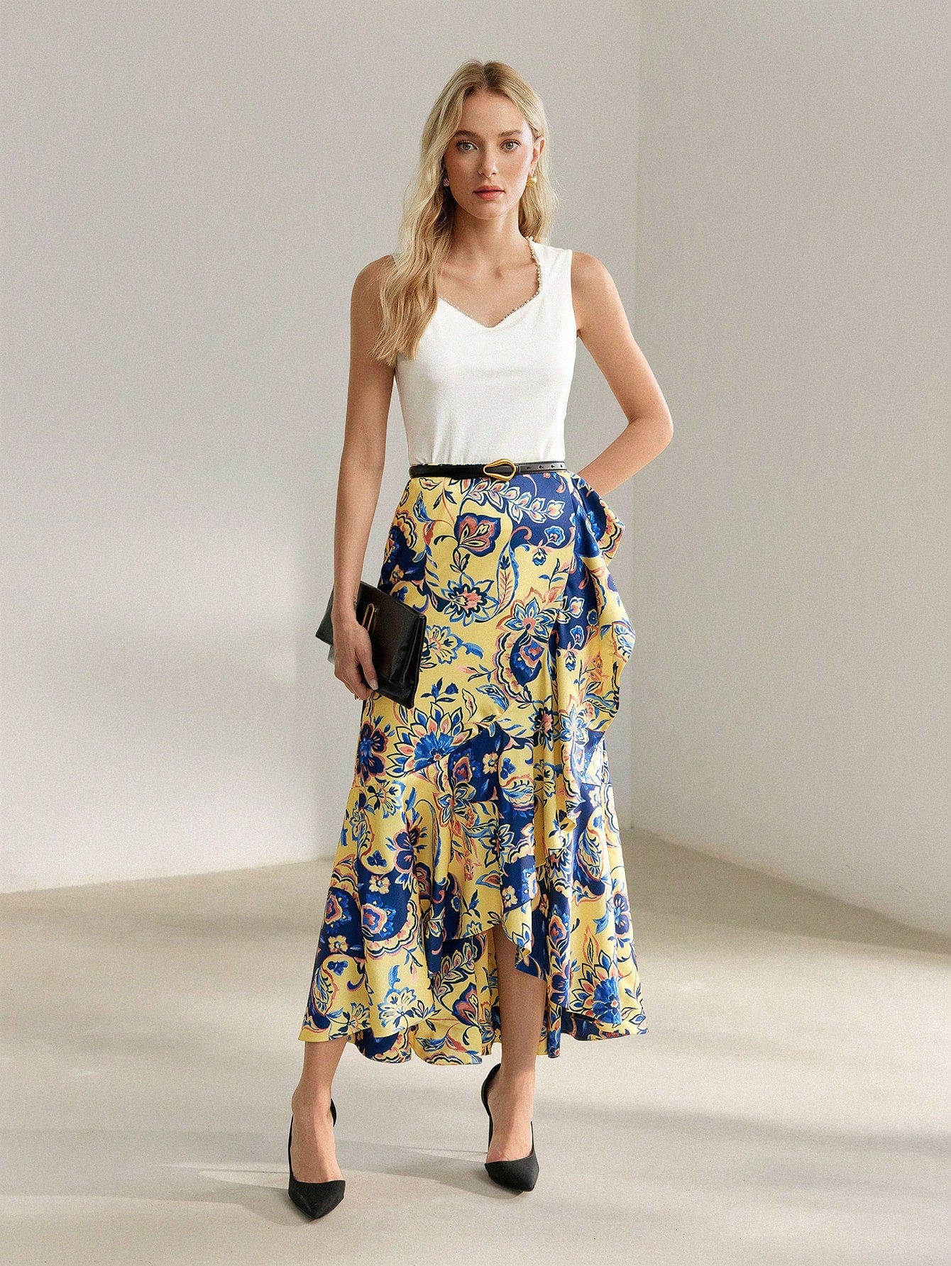 CM-BS177959 Women Elegant Seoul Style All-Over Floral Print Ruffle Trim Skirt - Yellow