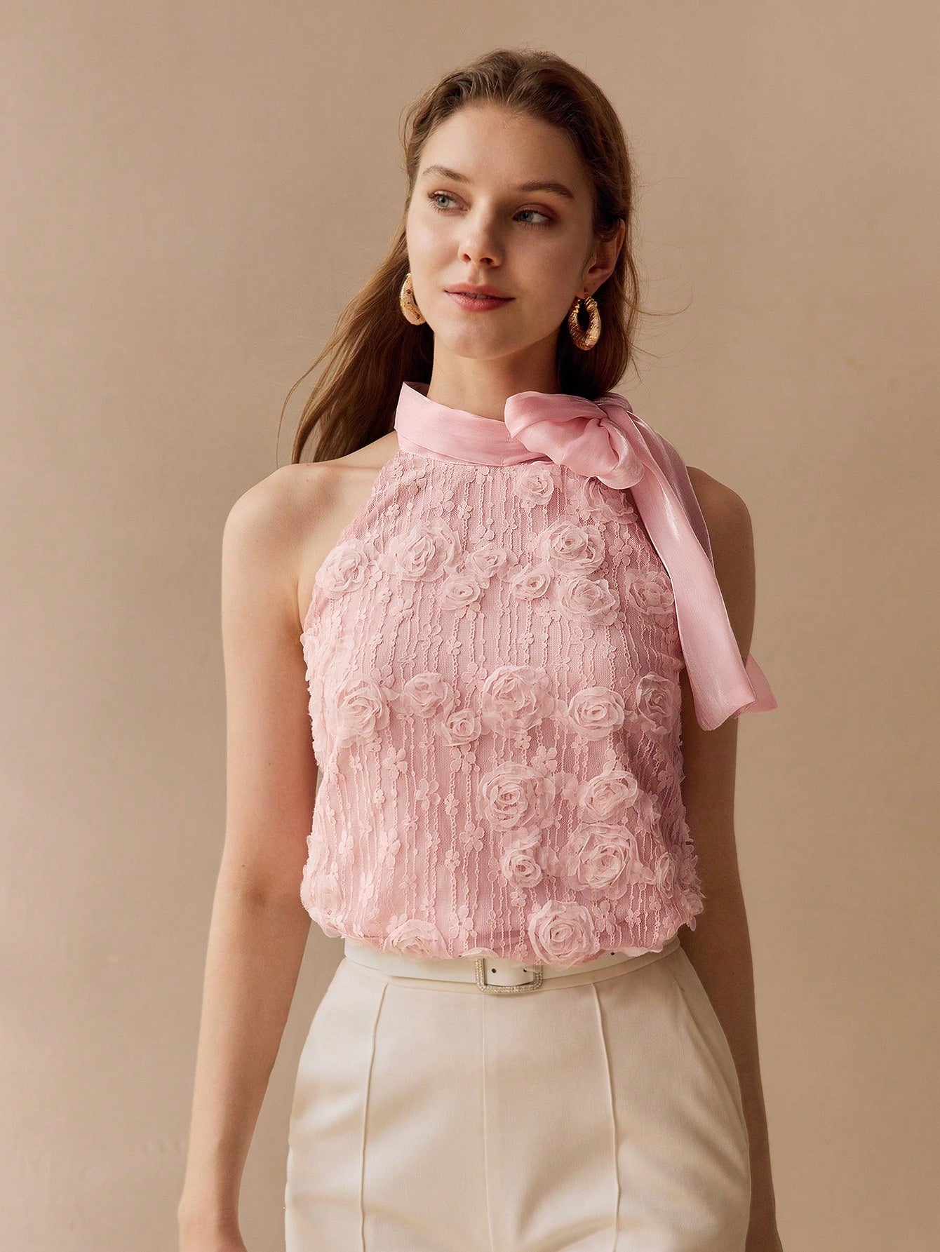 CM-TS340044 Women Elegant Seoul Style Floral Appliqued Halter Tie Neck Sleeveless Tank Top - Pink