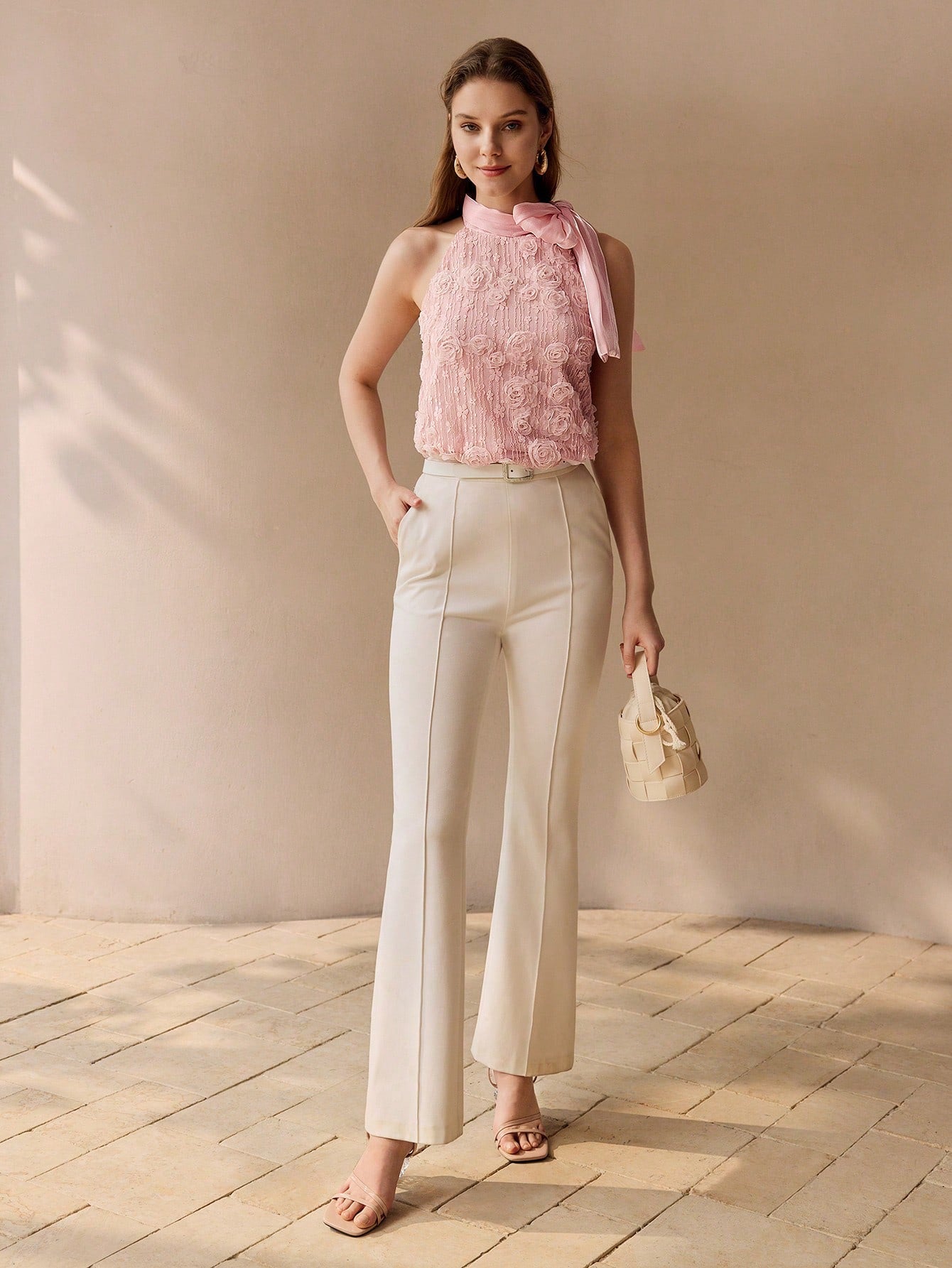 CM-TS340044 Women Elegant Seoul Style Floral Appliqued Halter Tie Neck Sleeveless Tank Top - Pink