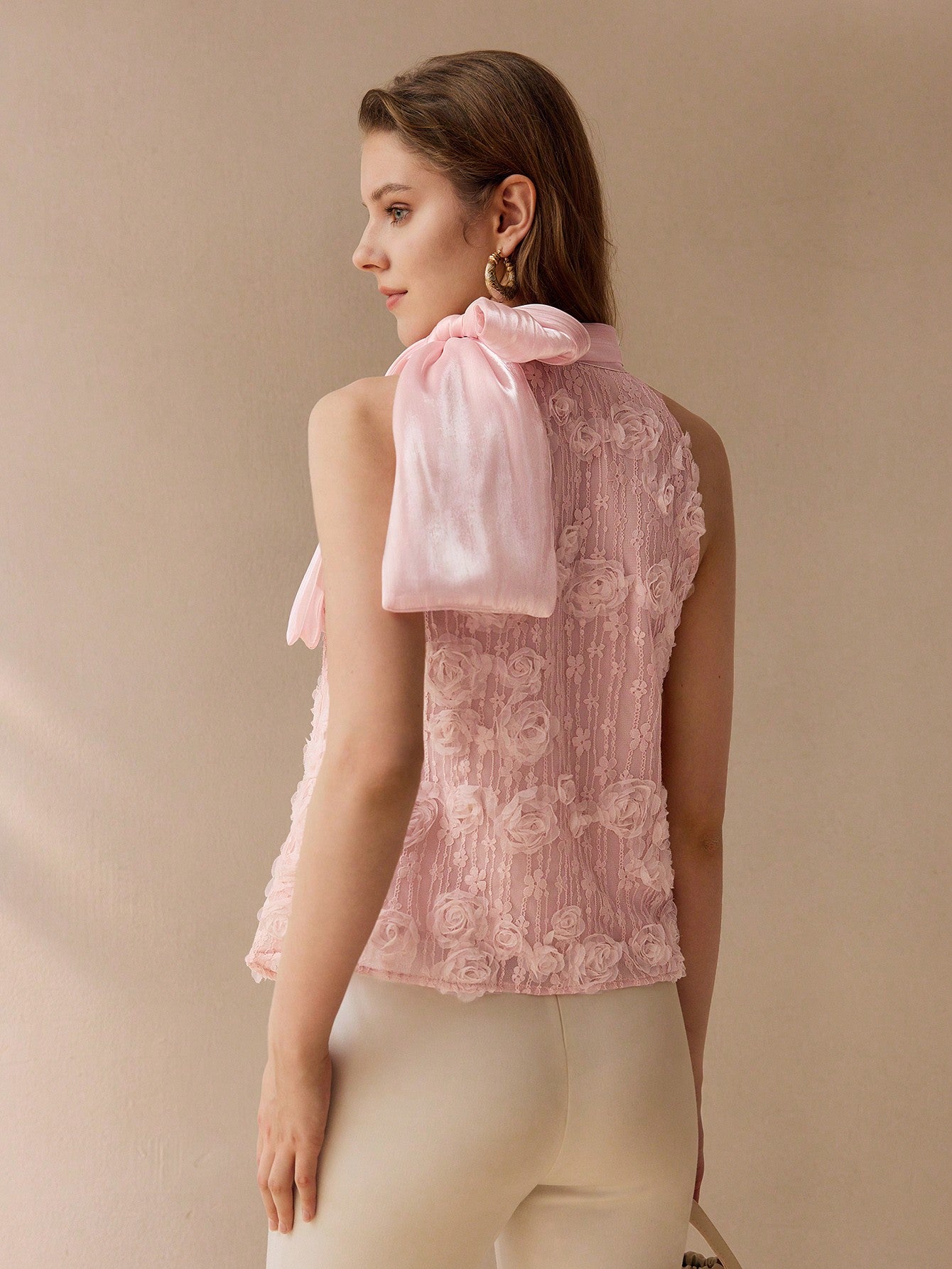 CM-TS340044 Women Elegant Seoul Style Floral Appliqued Halter Tie Neck Sleeveless Tank Top - Pink