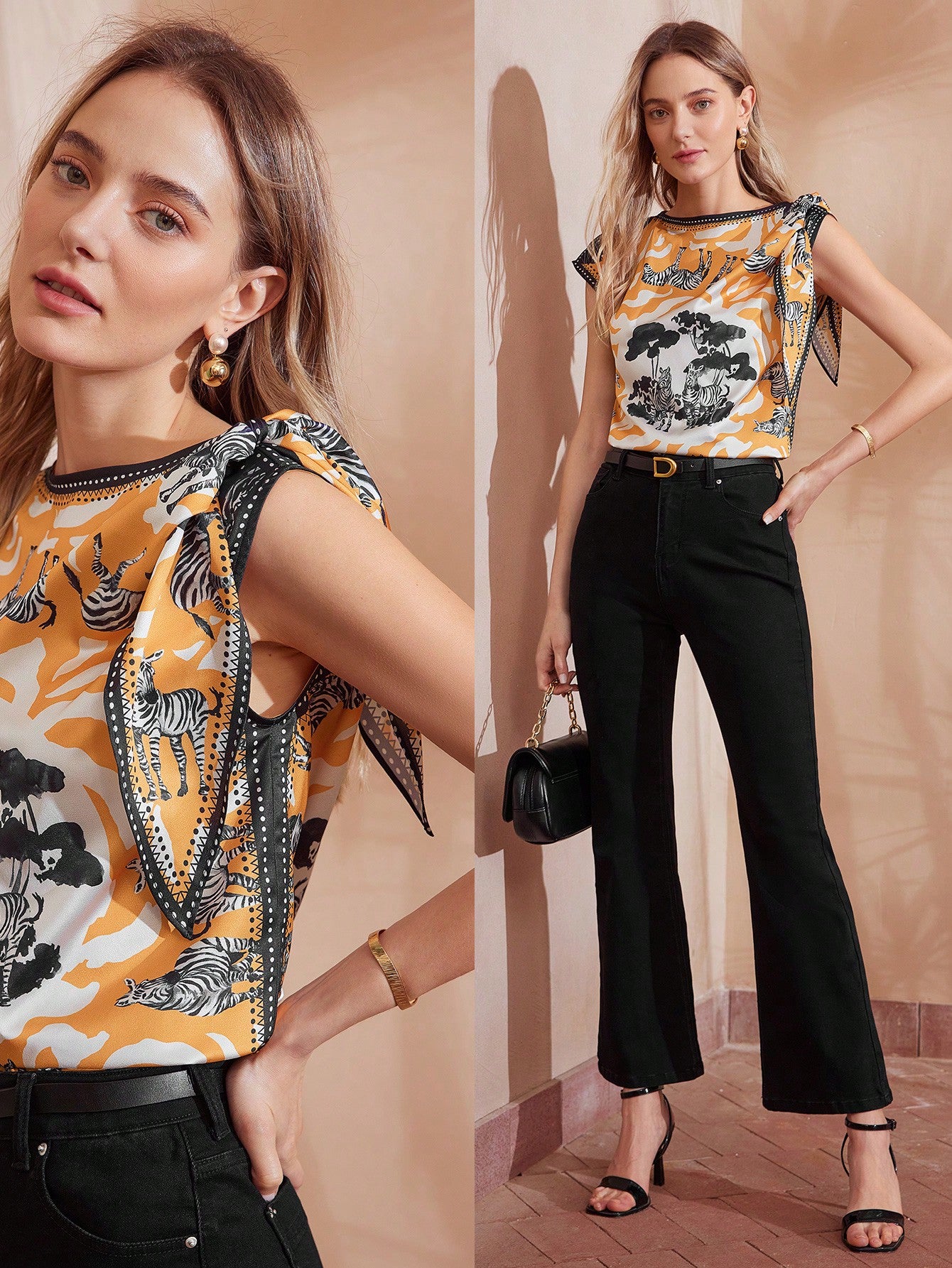 CM-TS228602 Women Casual Seoul Style Round Neck Tropical Prints Bow Details Batwing Sleeve Blouse