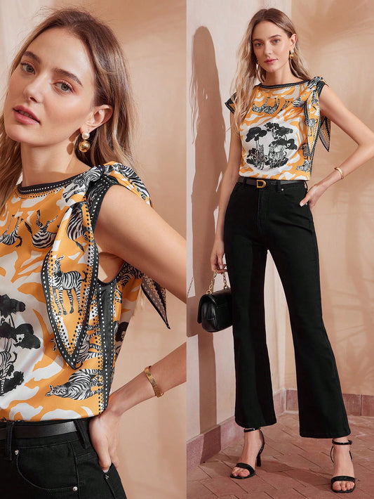 CM-TS228602 Women Casual Seoul Style Round Neck Tropical Prints Bow Details Batwing Sleeve Blouse