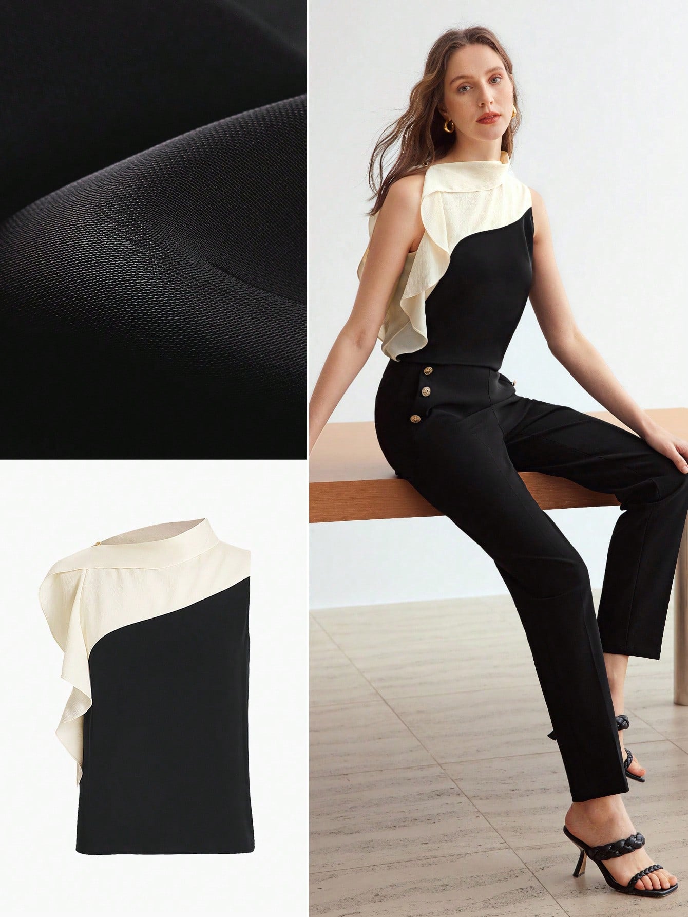 CM-TS987780 Women Casual Seoul Style Stand Collar Sleeveless Contrast Ruffle Trim Blouse