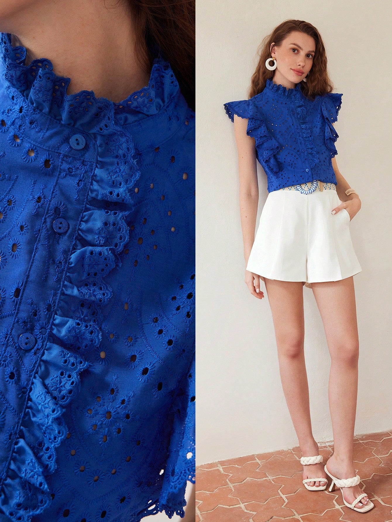 CM-TS898079 Women Elegant Seoul Style Stand Coallr Sleeveless Ruffle Trim Schiffy Blouse - Blue