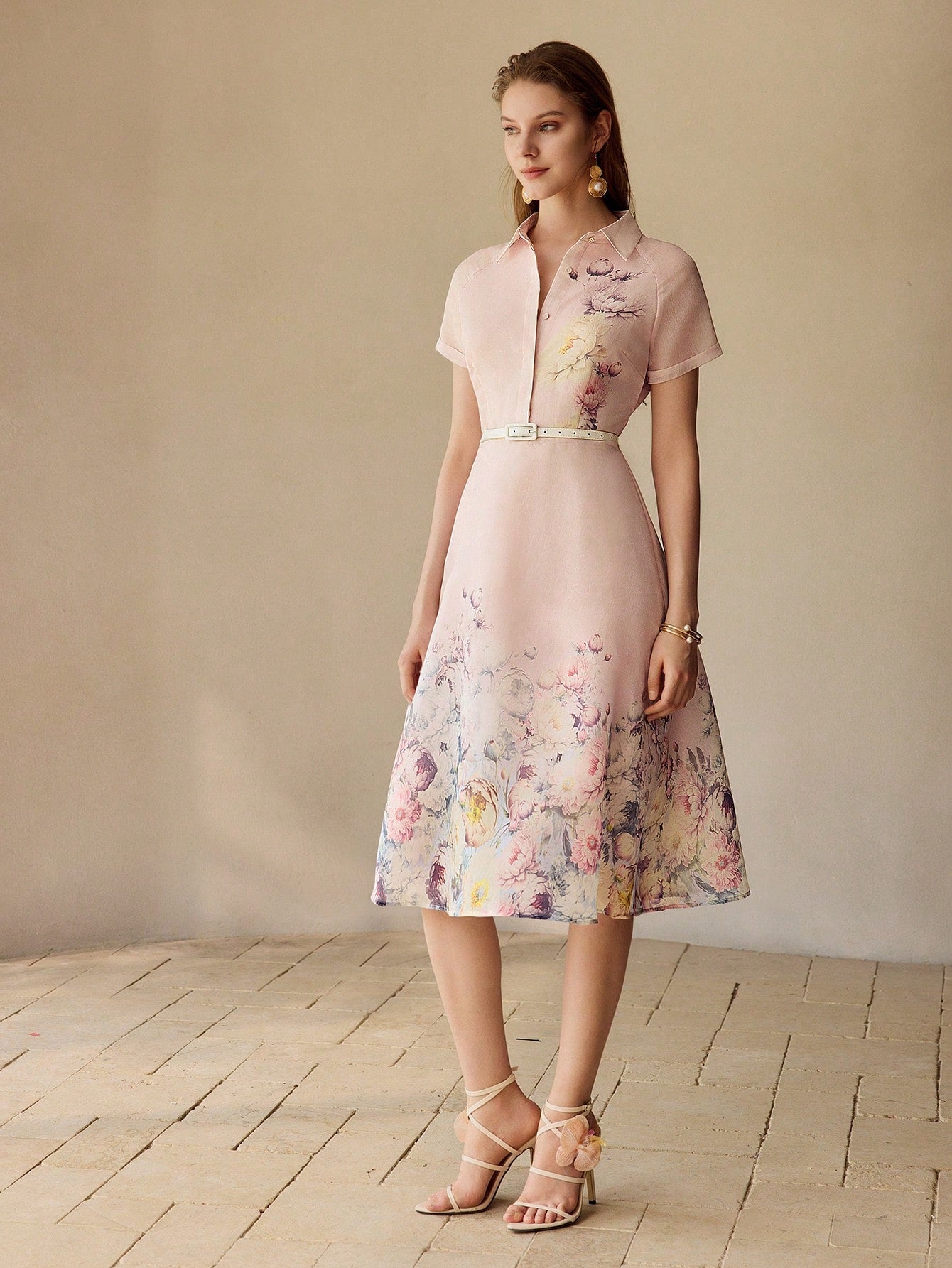 CM-DS486569 Women Elegant Seoul Style Notched Neckline Short Sleeve Organza Floral Print Midi Dress - Pink
