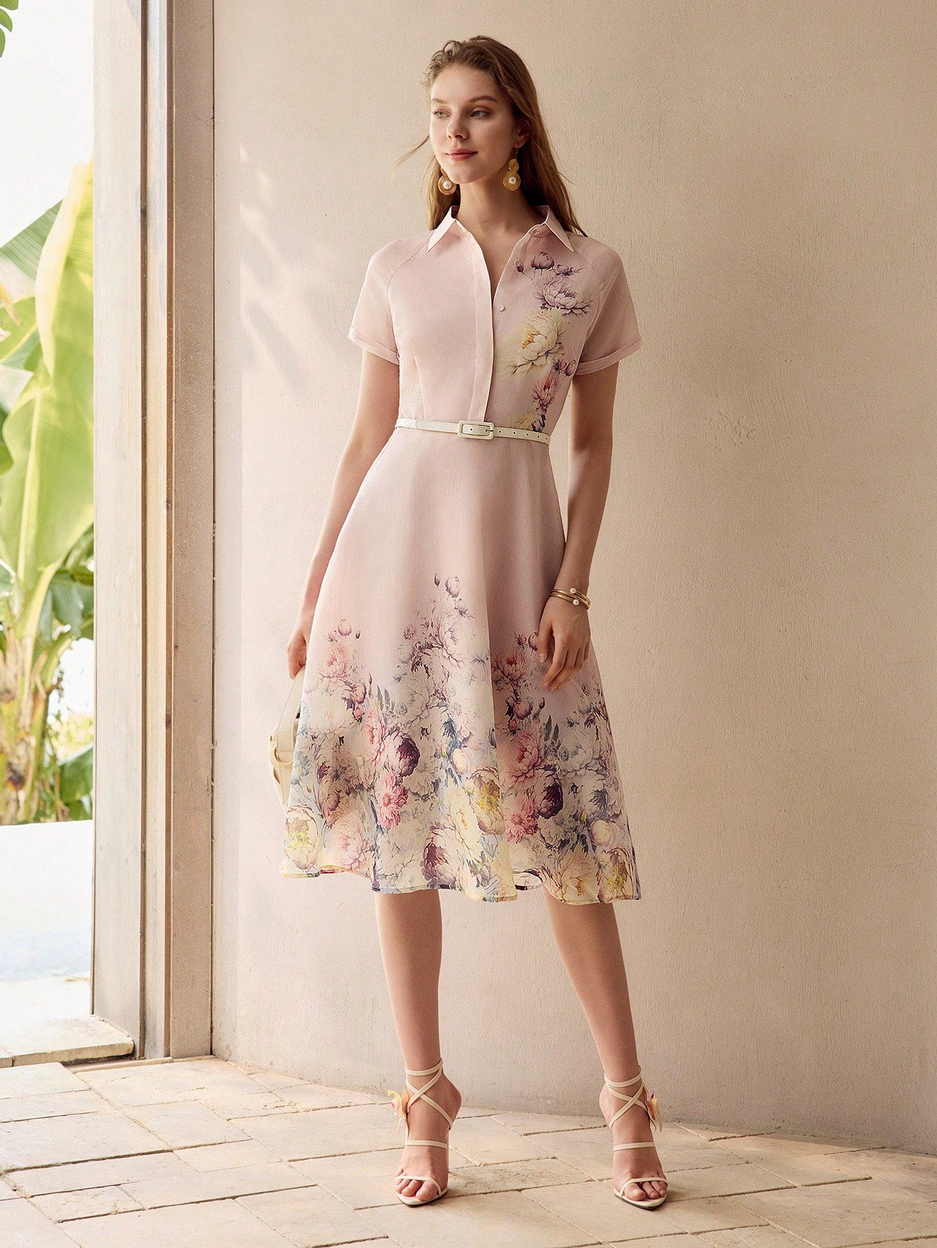 CM-DS486569 Women Elegant Seoul Style Notched Neckline Short Sleeve Organza Floral Print Midi Dress - Pink