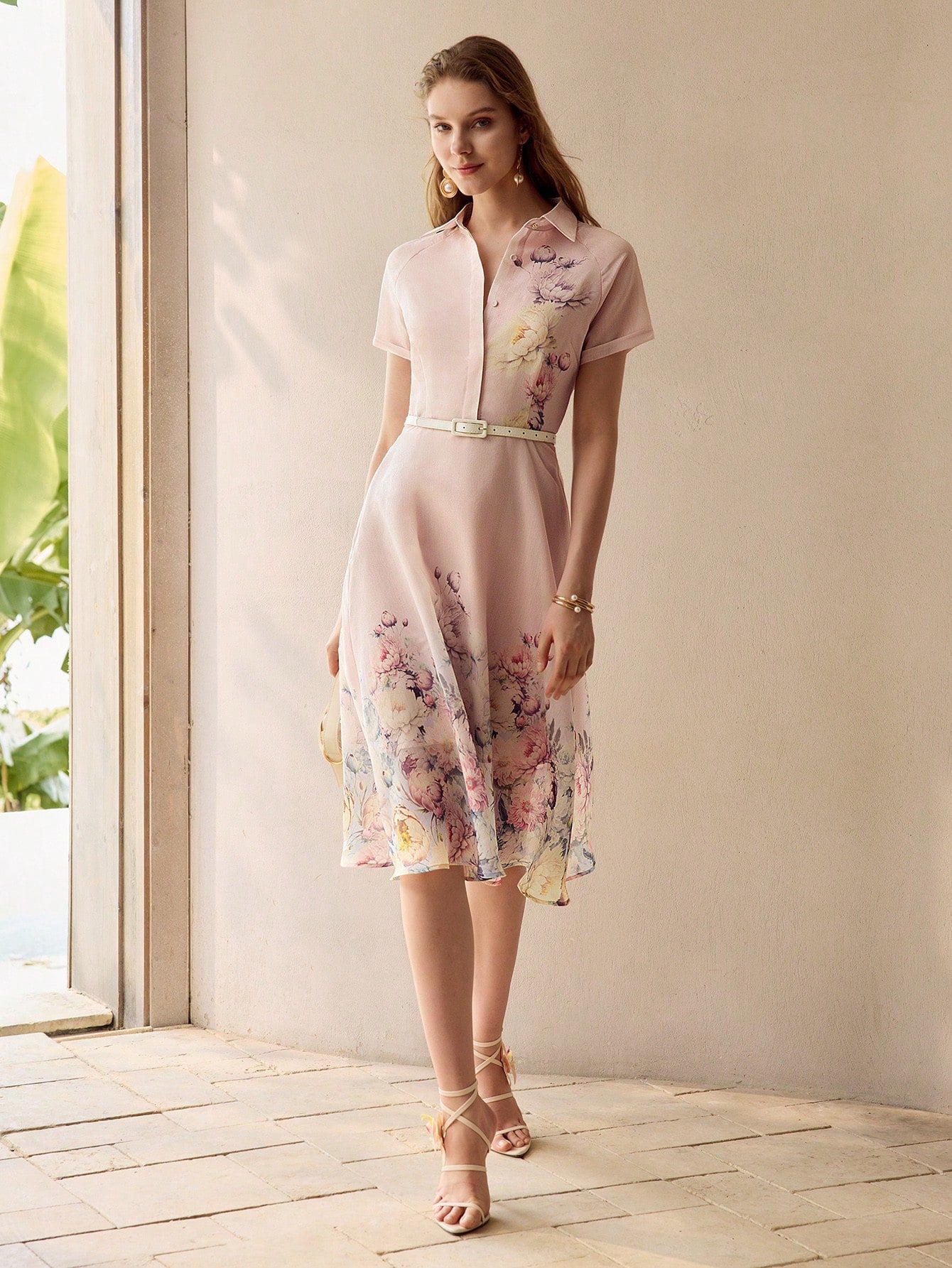 CM-DS486569 Women Elegant Seoul Style Notched Neckline Short Sleeve Organza Floral Print Midi Dress - Pink