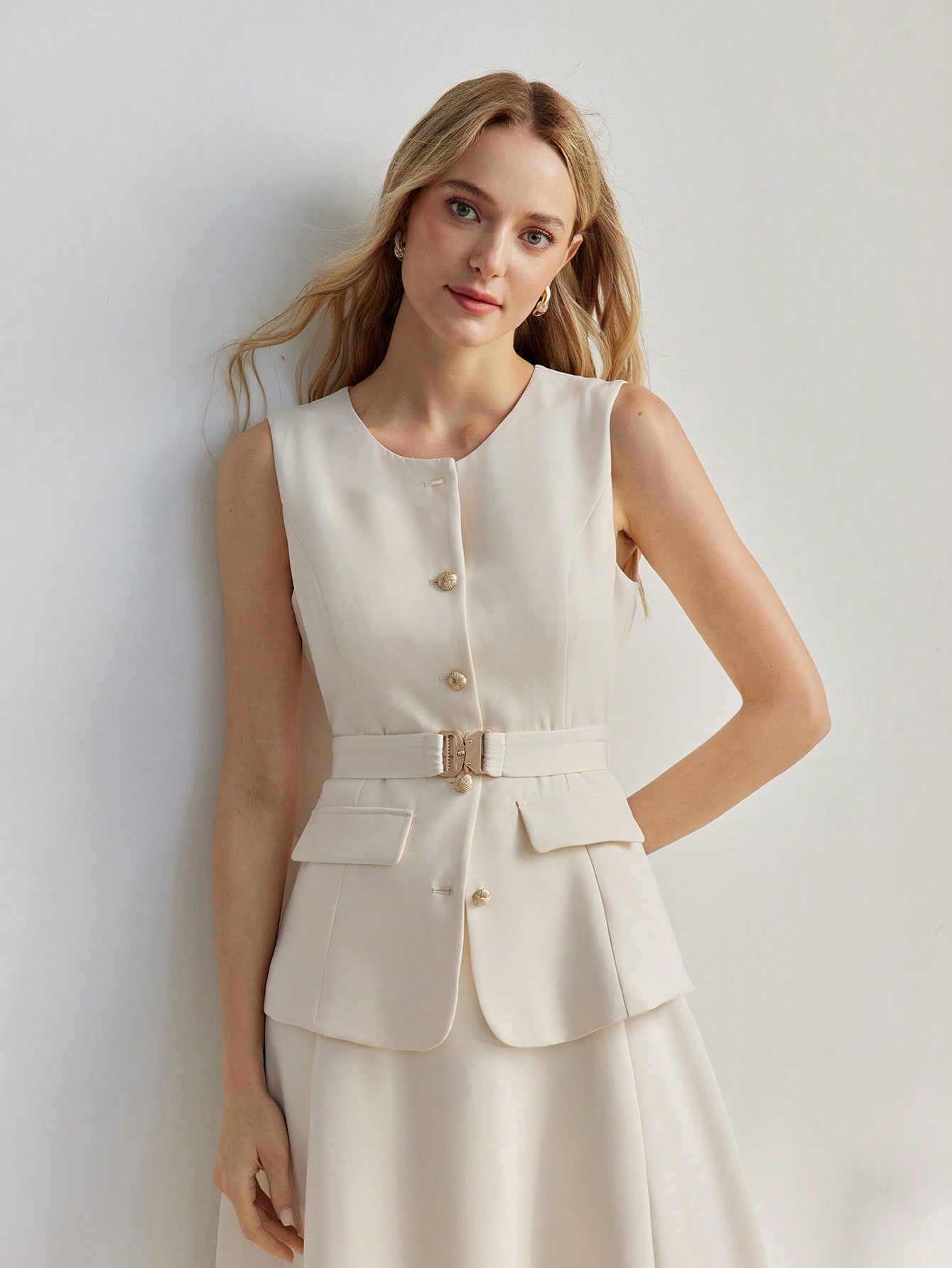 CM-DS675802 Women Elegant Seoul Style Round Neck Sleevless High Waist A-Line Belted Dress - Apricot