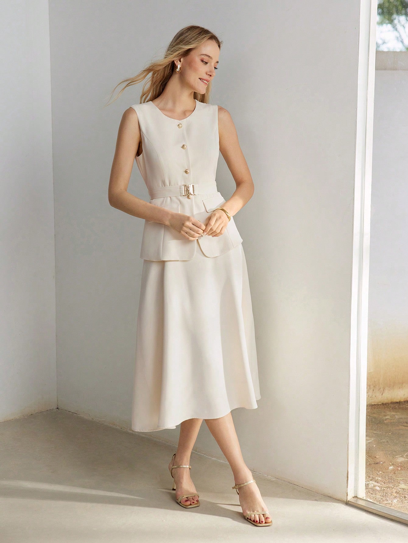 CM-DS675802 Women Elegant Seoul Style Round Neck Sleevless High Waist A-Line Belted Dress - Apricot