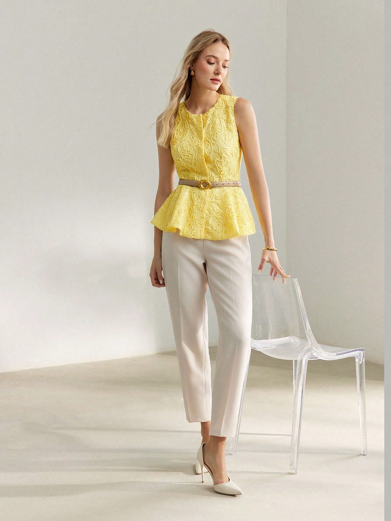 CM-TS600252 Women Elegant Seoul Style Round Neck Button Front Peplum Sleeveless Blouse - Yellow
